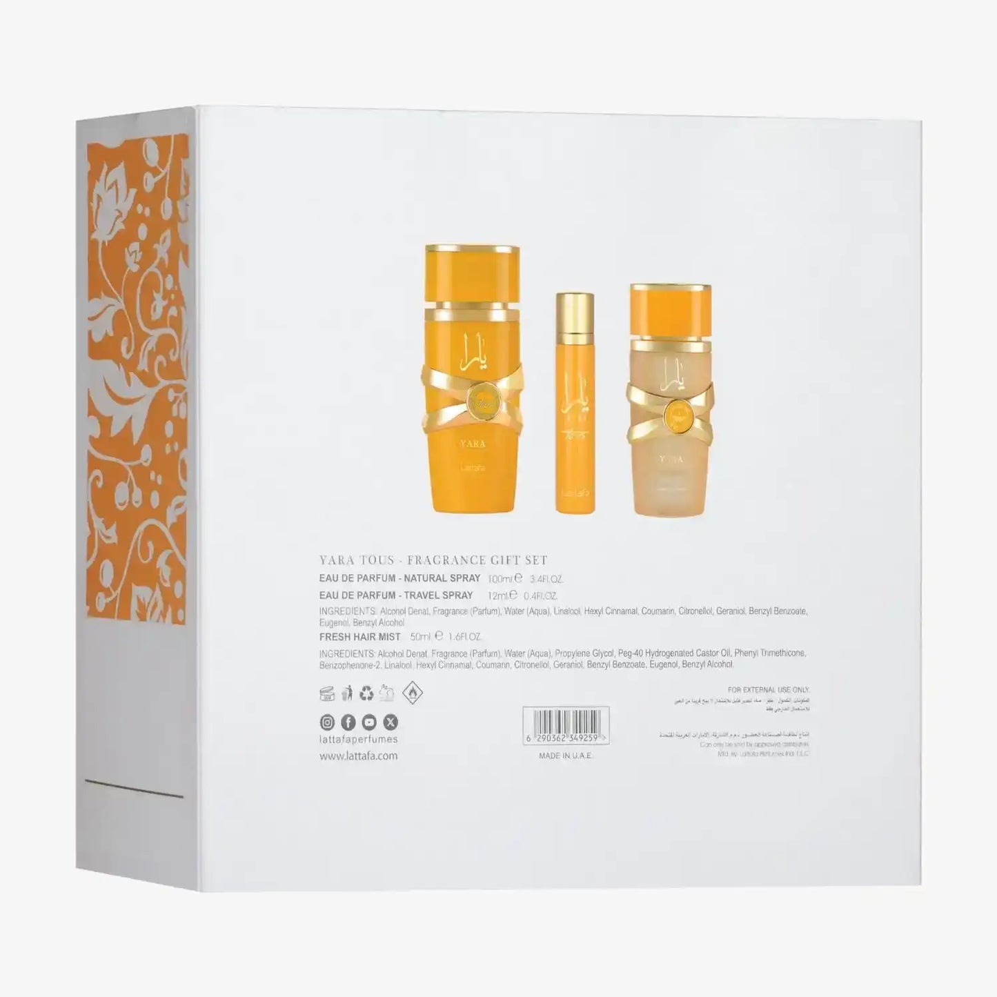 Yara Tous fragrance gift set with three orange and gold perfume bottles on white box