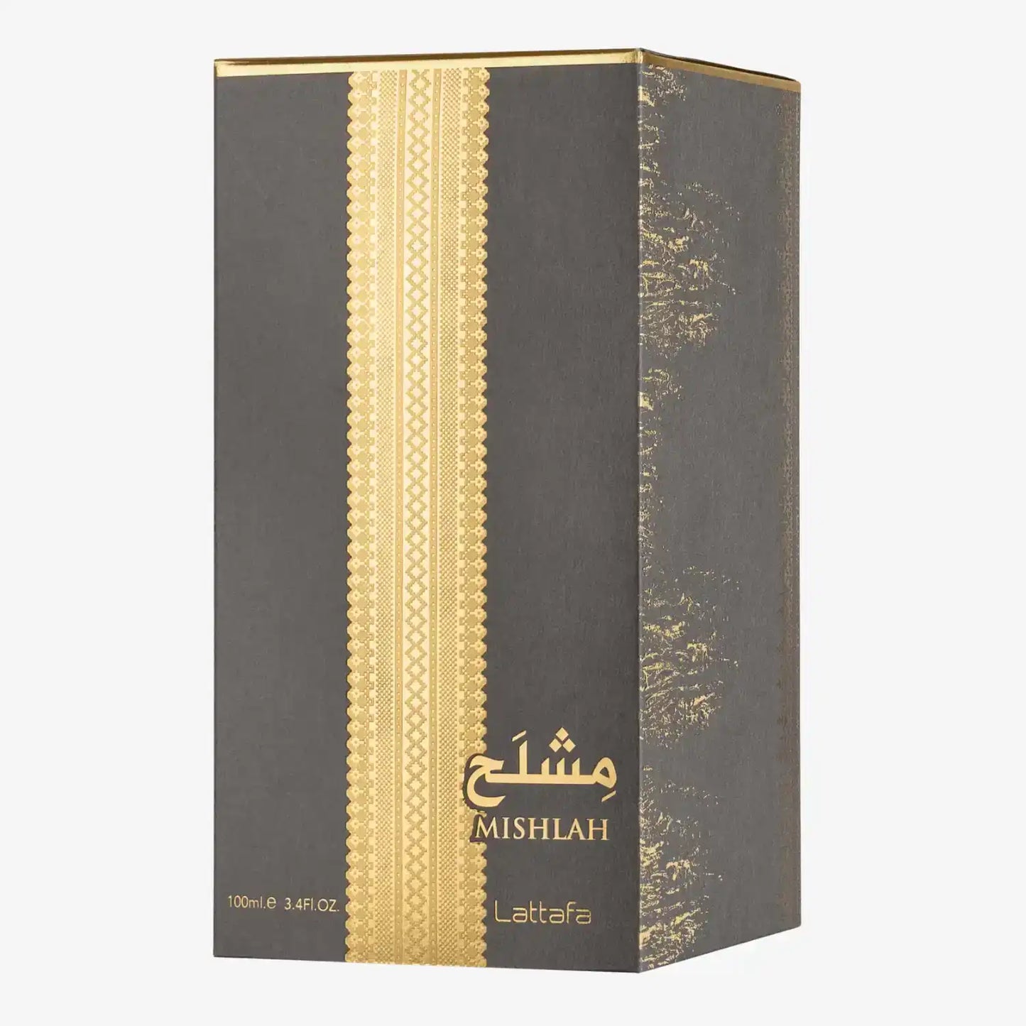 Lattafa Mishlah perfume box, dark with gold Arabic and English text, 100ml elegant packaging