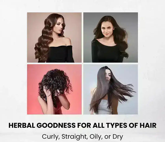 Four women with different hair types—curly, straight, wavy, and oily—promoting herbal hair care.