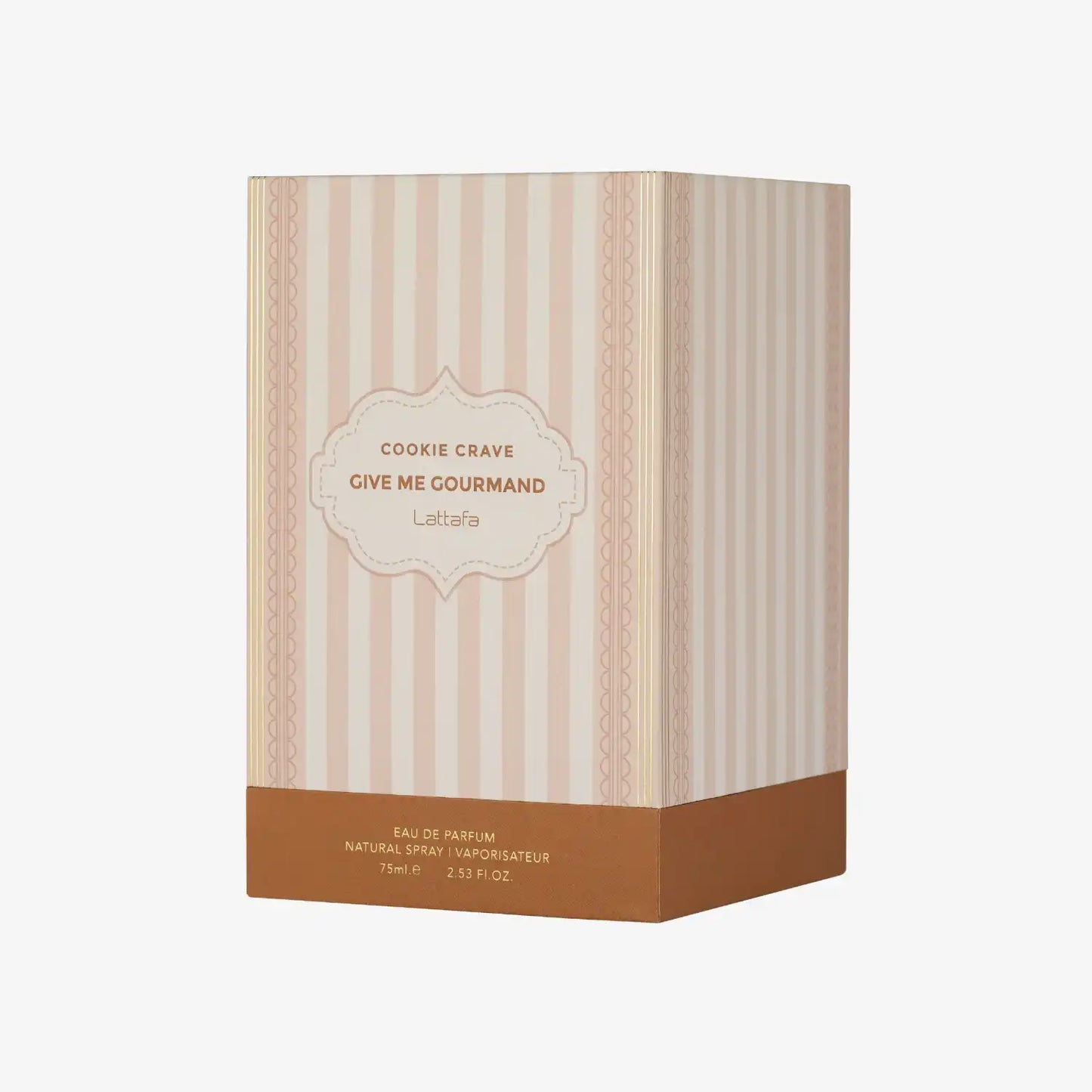 Lattafa Cookie Crave Give Me Gourmand perfume box with pink stripes and gold accents