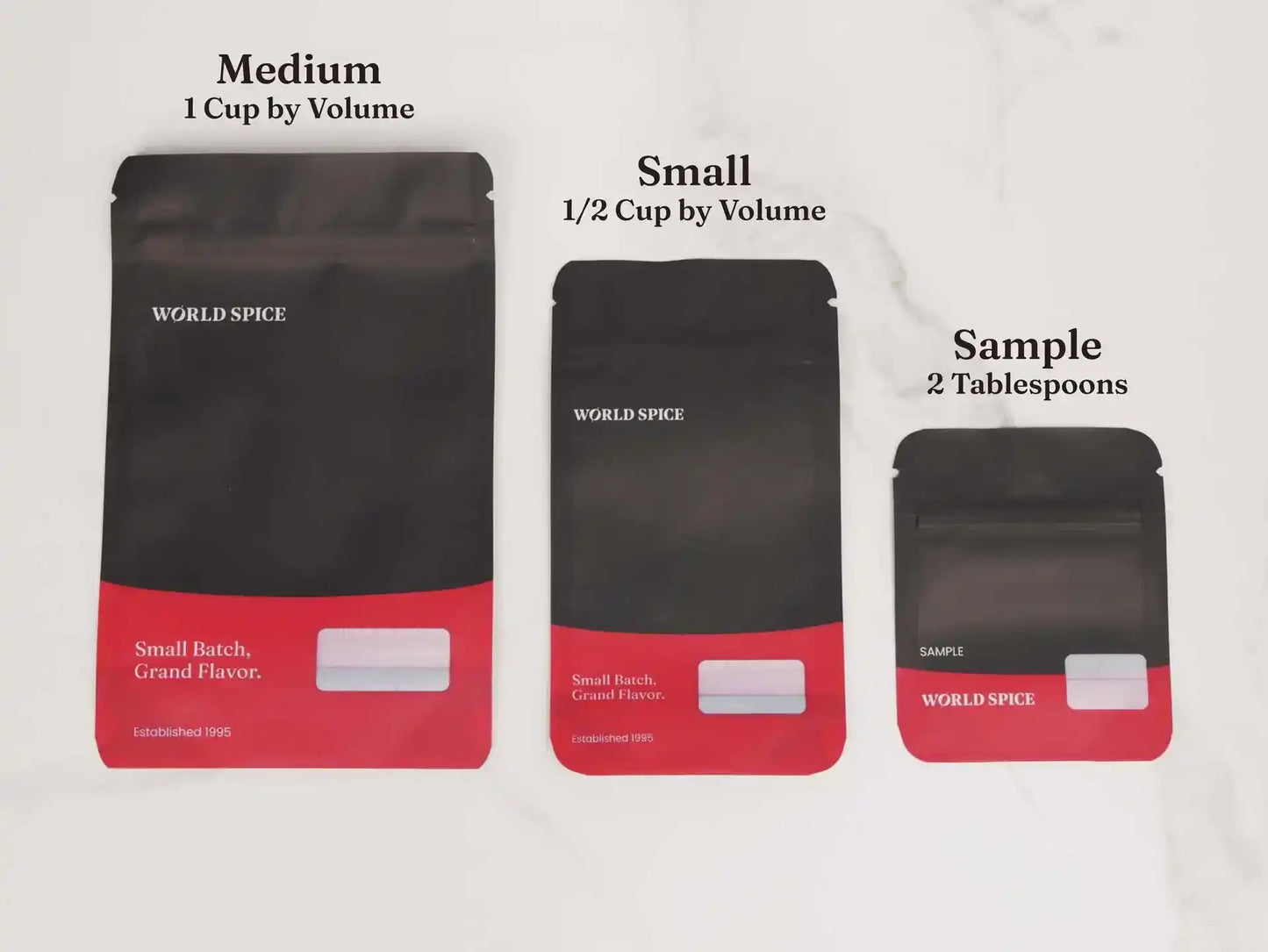 World Spice packaging sizes: Medium, Small, and Sample with volume details
