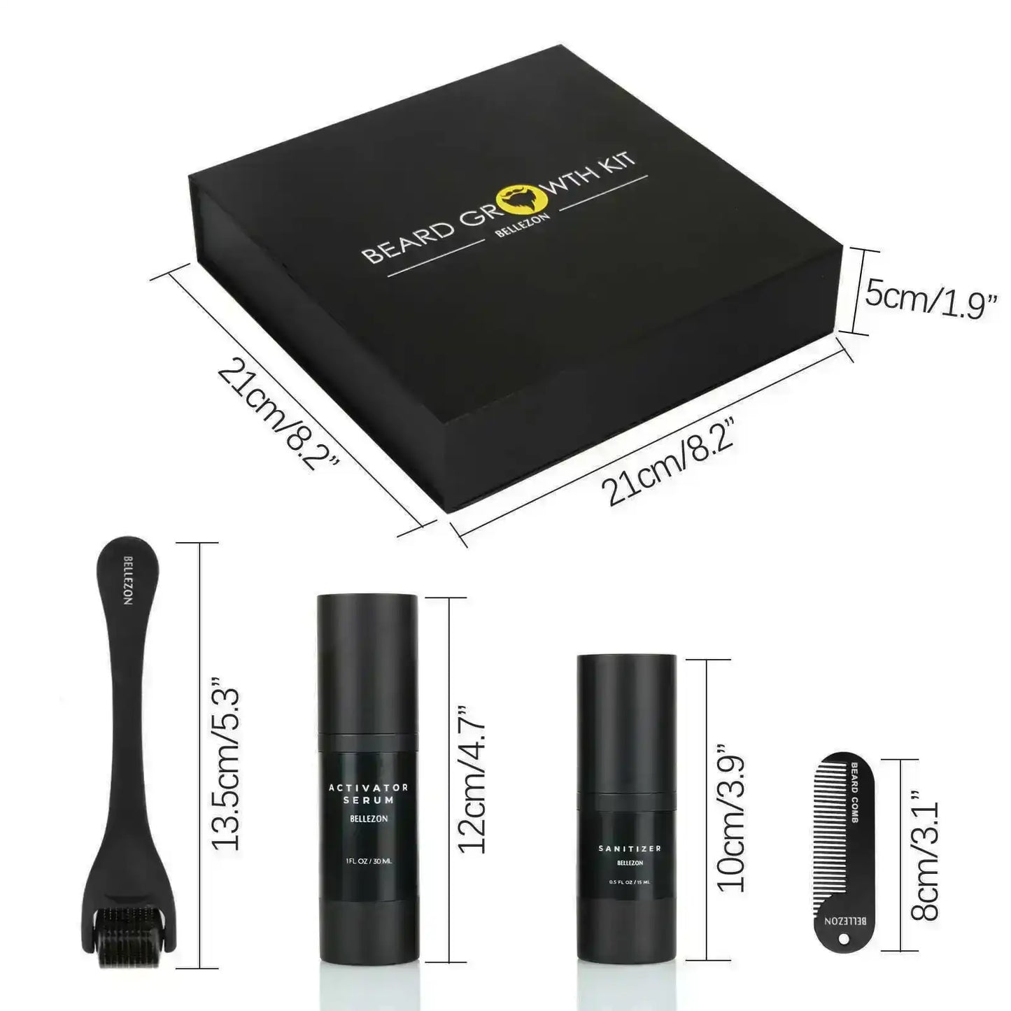 Beard growth kit with black box, serum, sanitizer, comb, and microneedle roller, labeled with dimensions