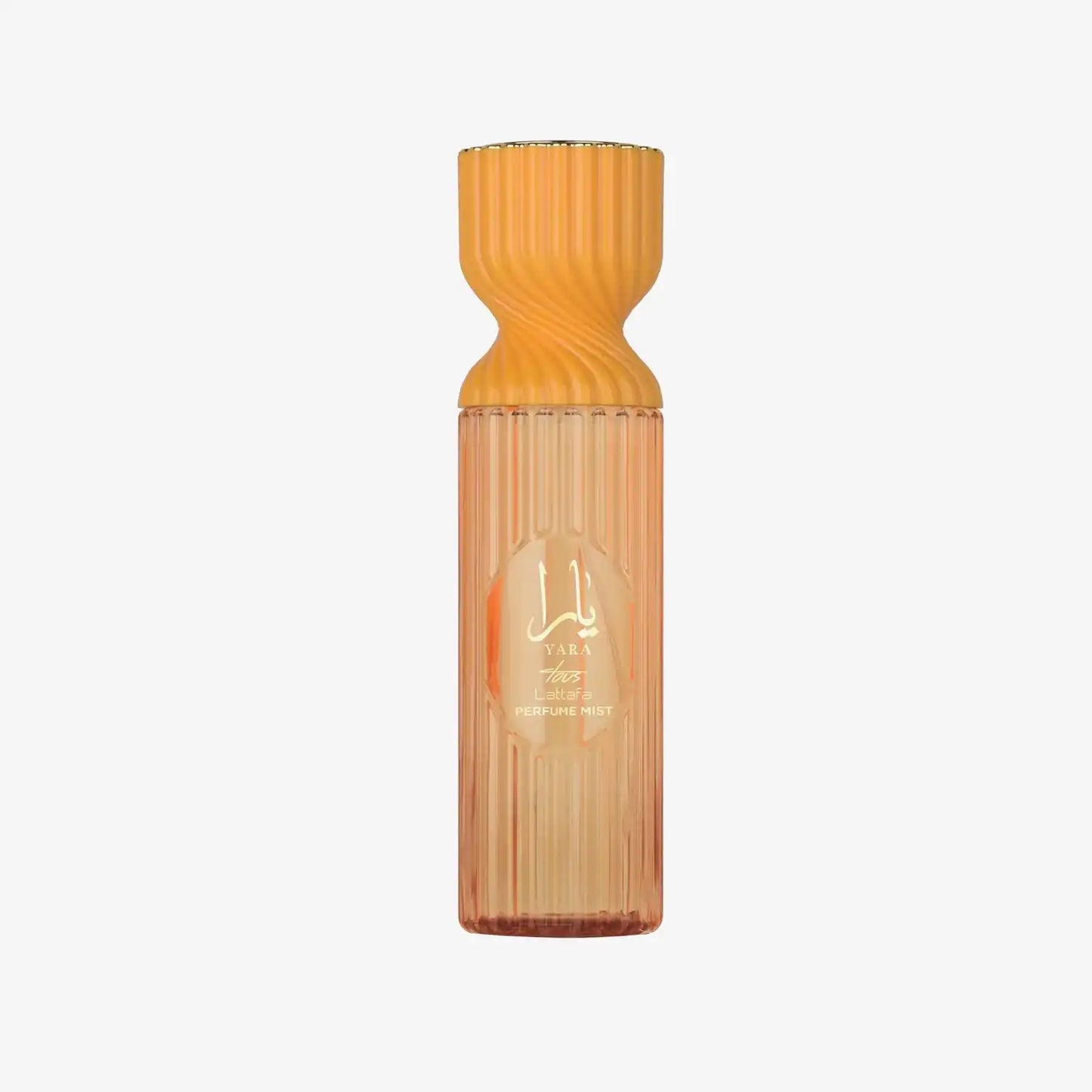 Elegant orange Lattafa Yara perfume mist bottle with Arabic script on a white background