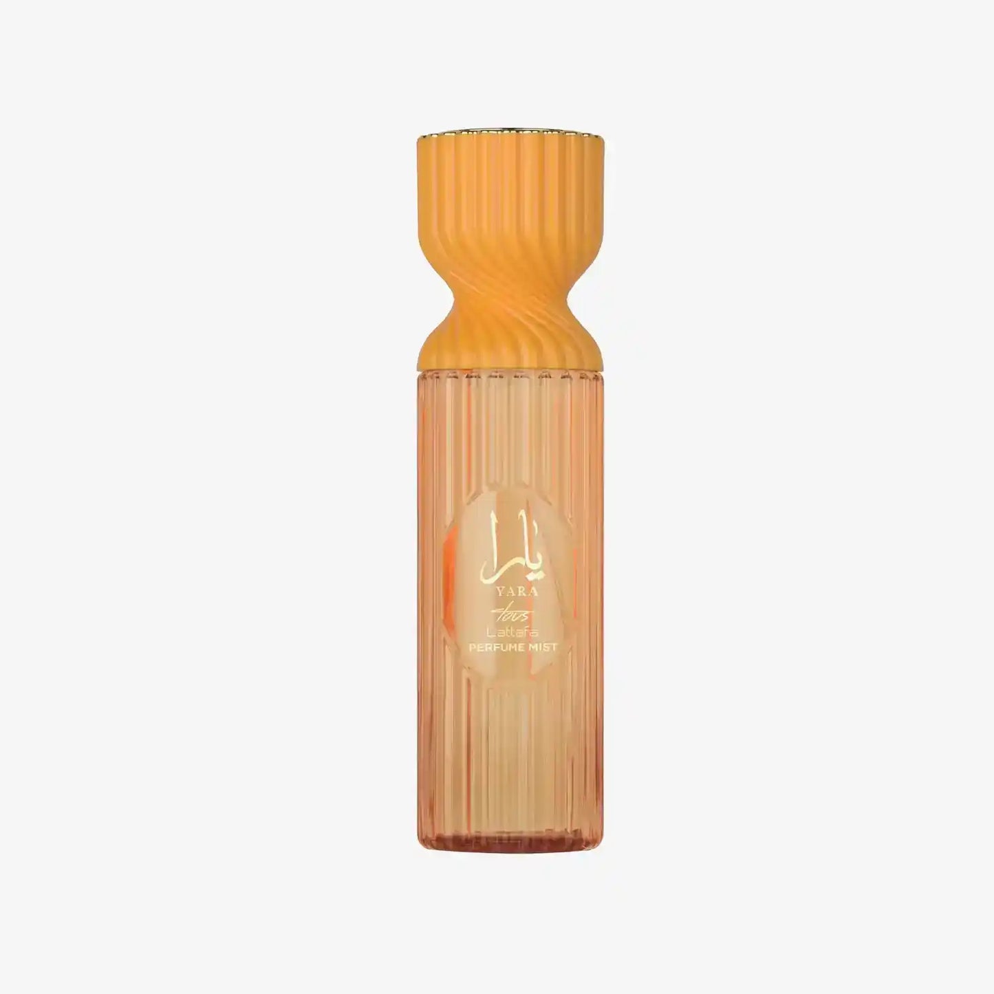 Elegant orange Lattafa Yara perfume mist bottle with Arabic script on a white background