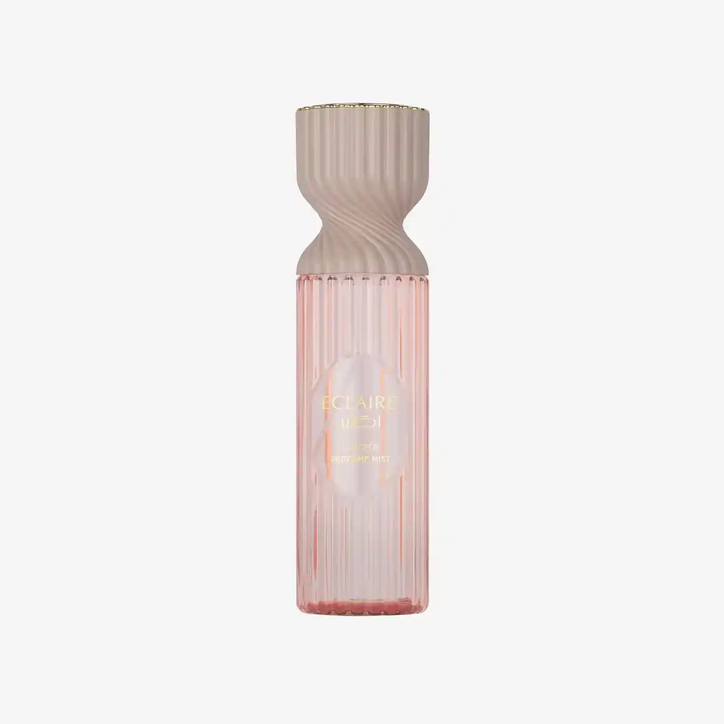 Elegant pink perfume mist bottle with gold text and ribbed design on white background