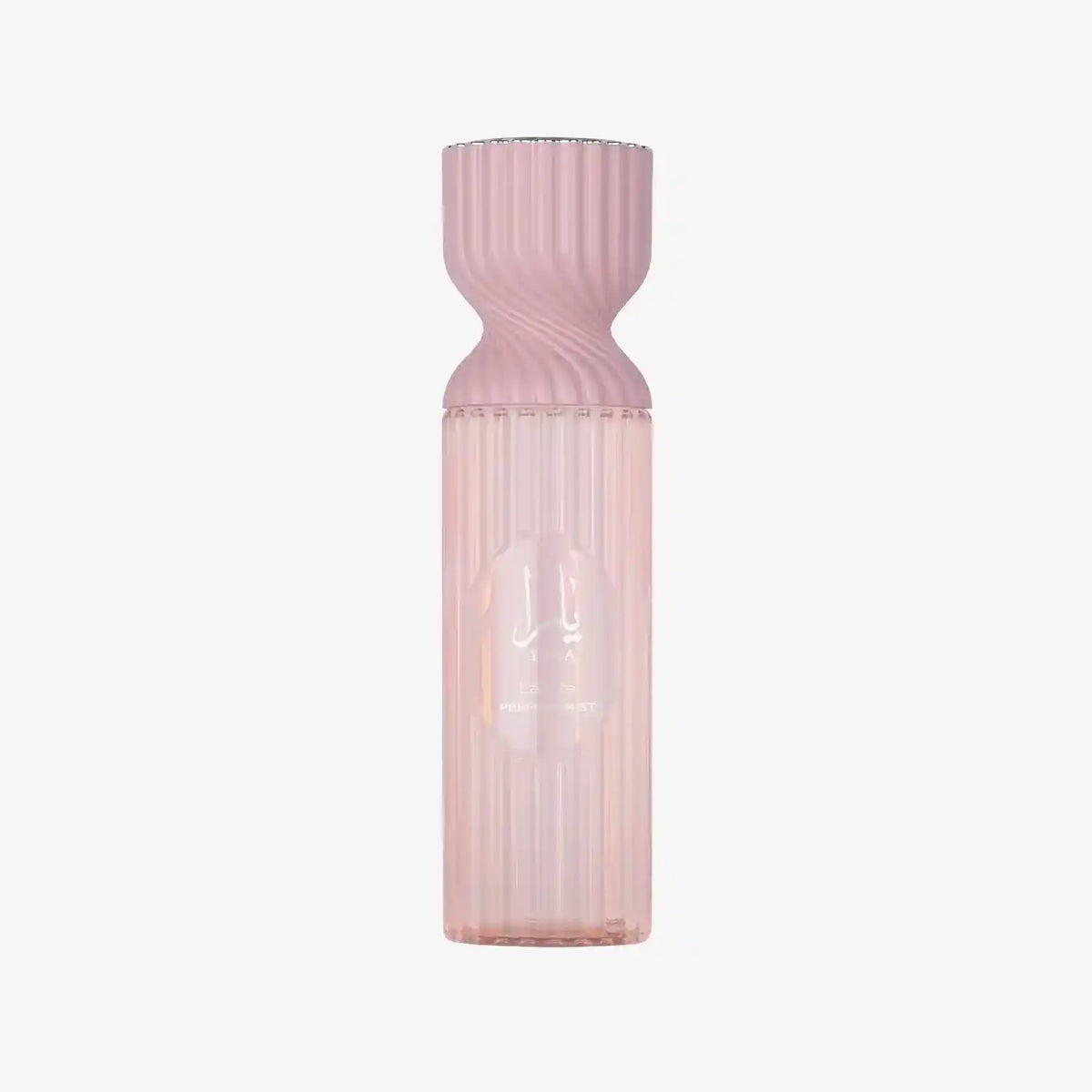Elegant pink Middle Eastern perfume mist bottle with ribbed glass and Arabic script.