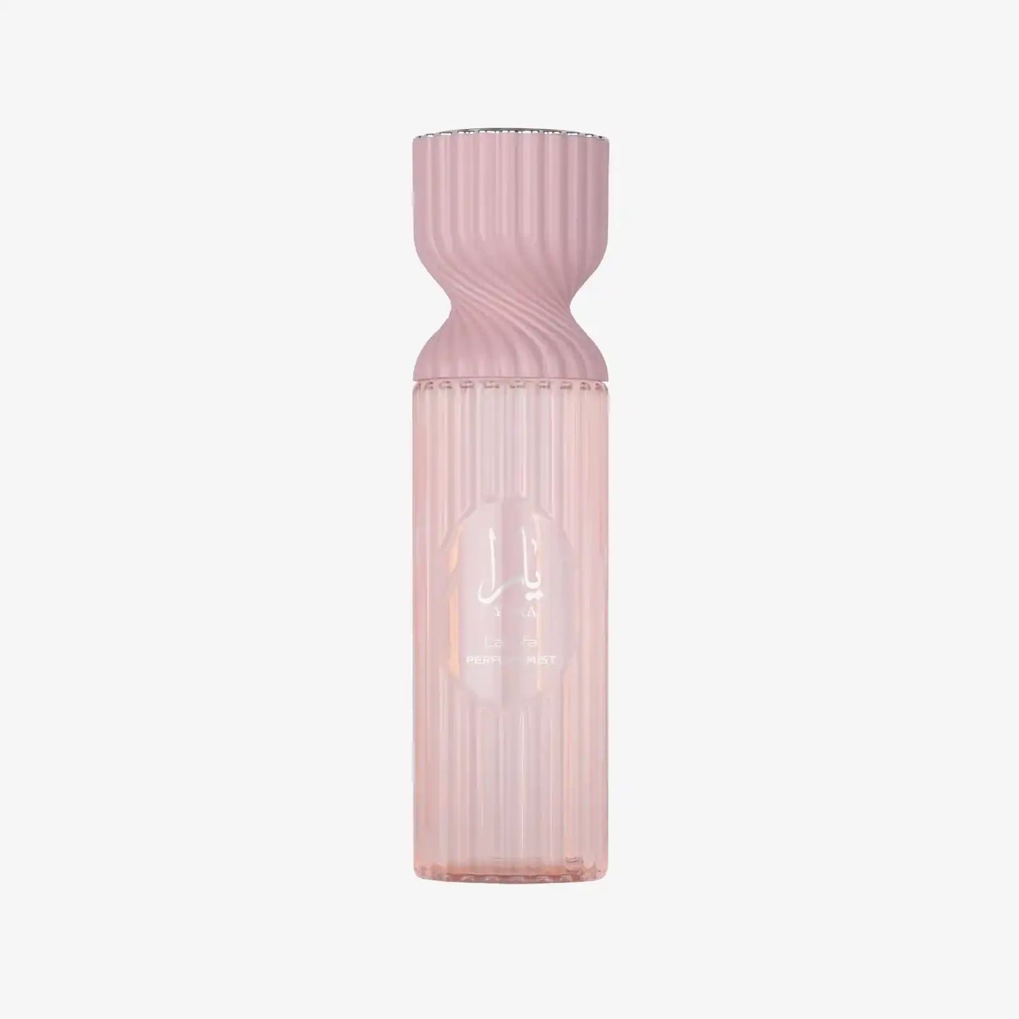 Elegant pink Middle Eastern perfume mist bottle with ribbed glass and Arabic script.