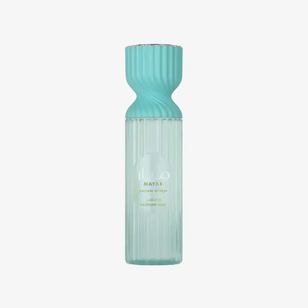 Lattafa Mayar Natural Intense perfume mist in ribbed turquoise bottle on white background