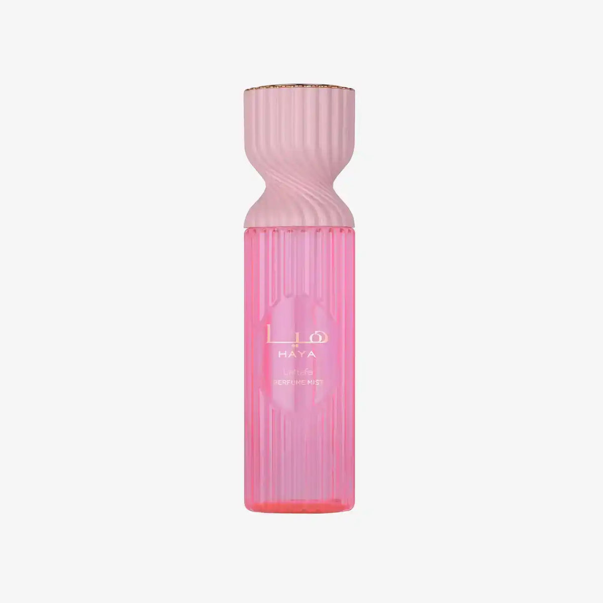 Pink Lattafa Haya perfume mist bottle with gold accents on a light background