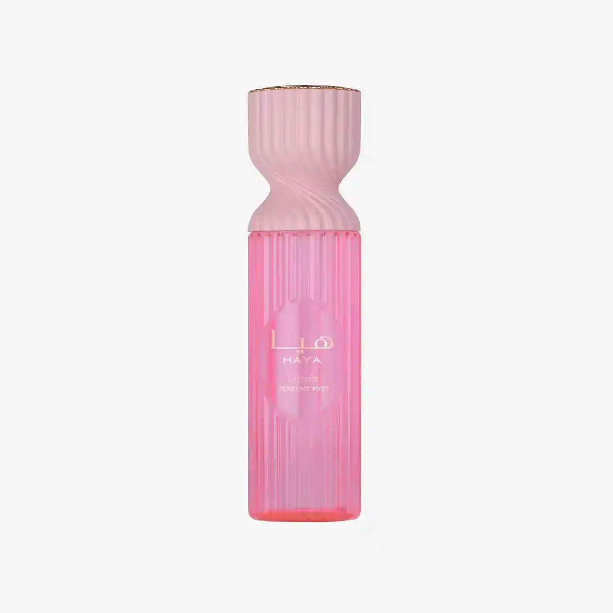 Pink Lattafa Haya perfume mist bottle with gold accents on a light background