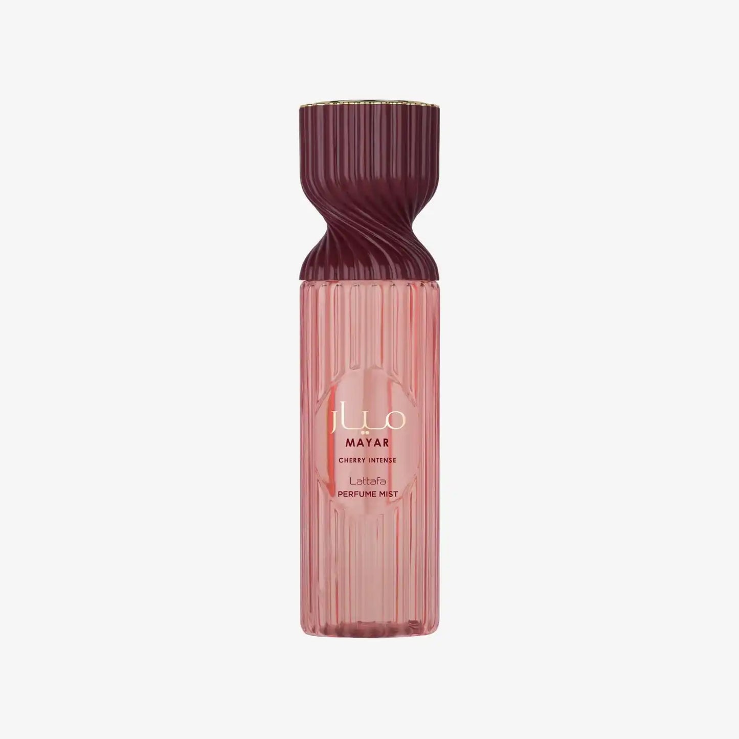 Lattafa Mayar Cherry Intense perfume mist in pink ribbed bottle on white background