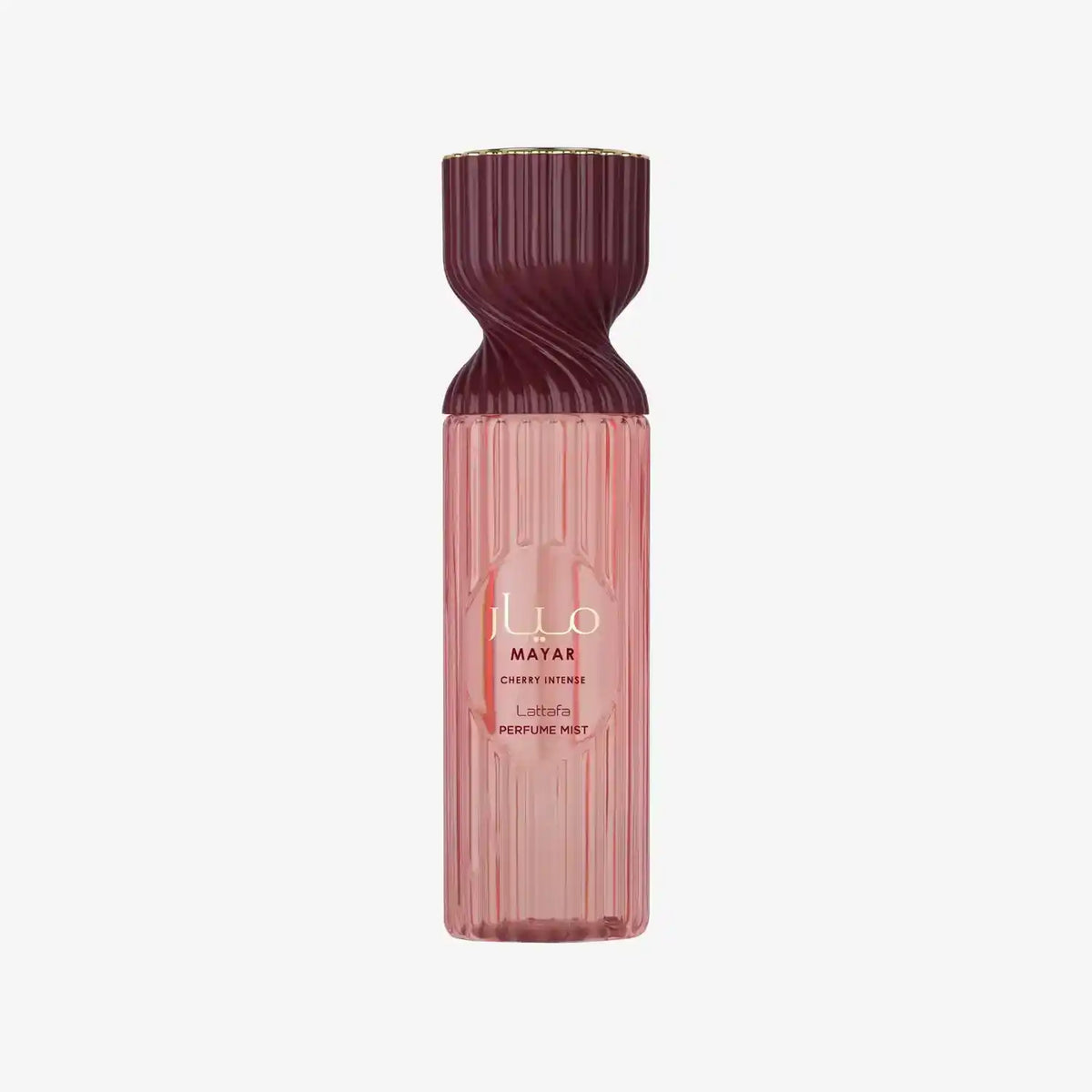 Lattafa Mayar Cherry Intense perfume mist in pink ribbed bottle on white background