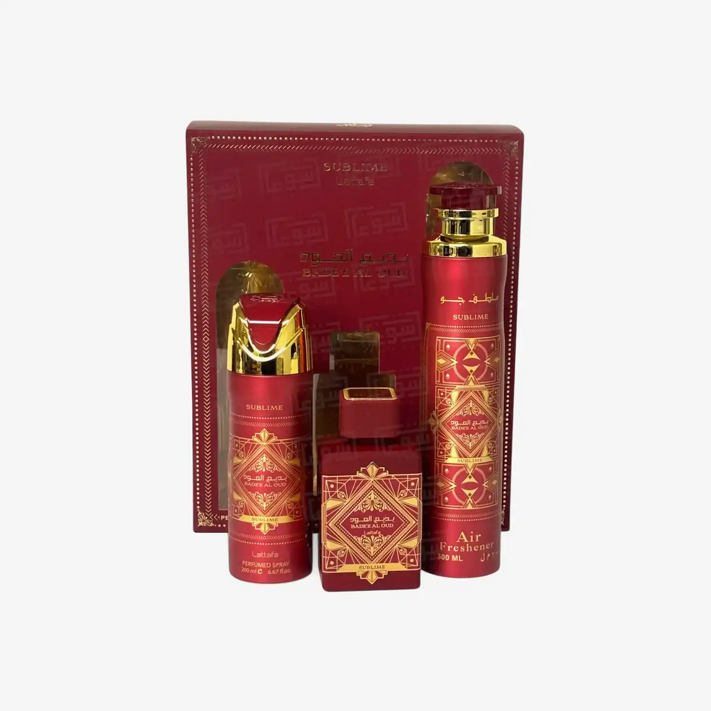 Middle Eastern perfume and air freshener gift set in red and gold packaging