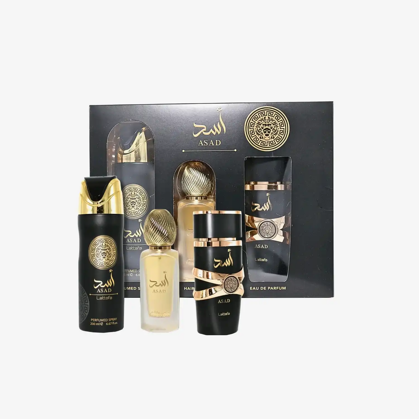 Lattafa Asad fragrance gift set, including perfume spray, hair mist, and eau de parfum in black and gold packaging