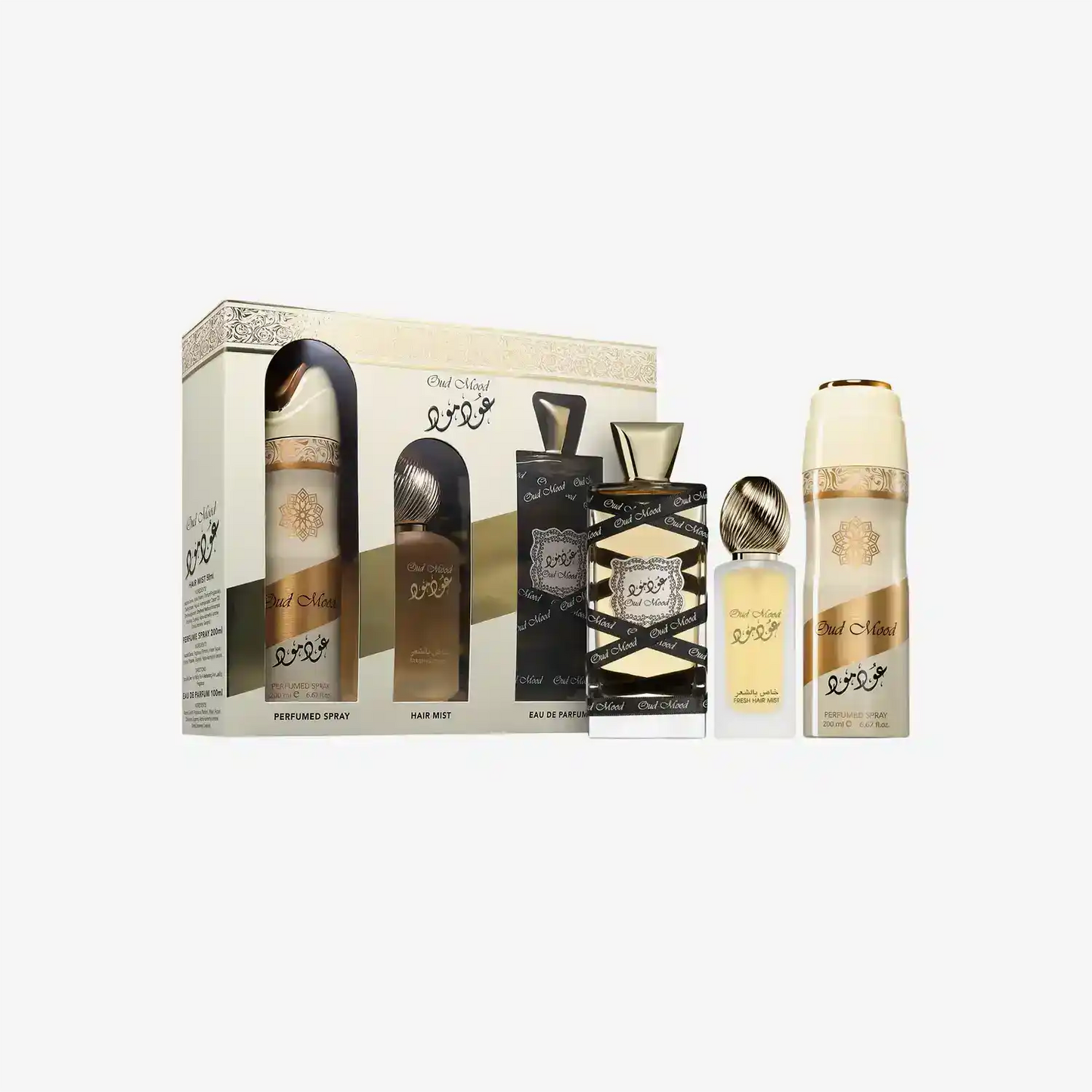 Oud Mood luxury perfume set with perfumed spray, hair mist, and eau de parfum in elegant packaging