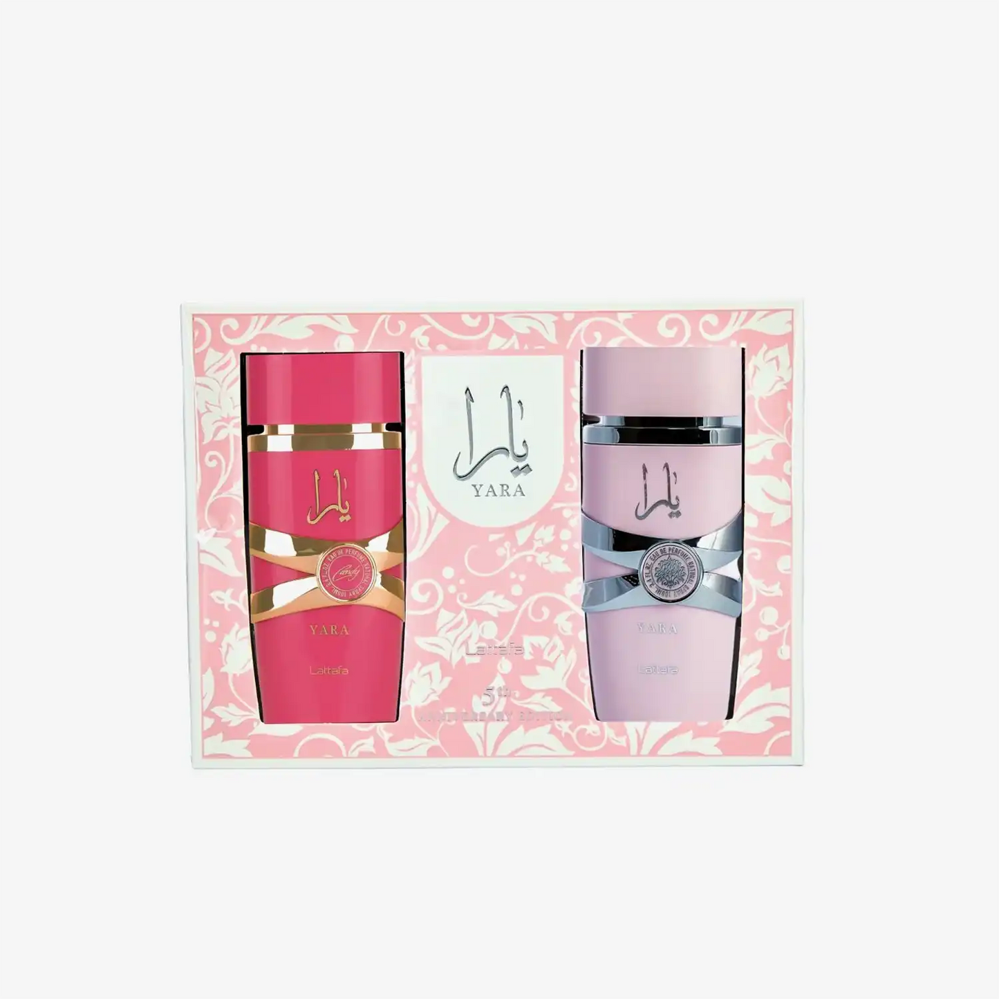 Yara perfume gift set with pink and light pink bottles, Middle Eastern fragrance collection