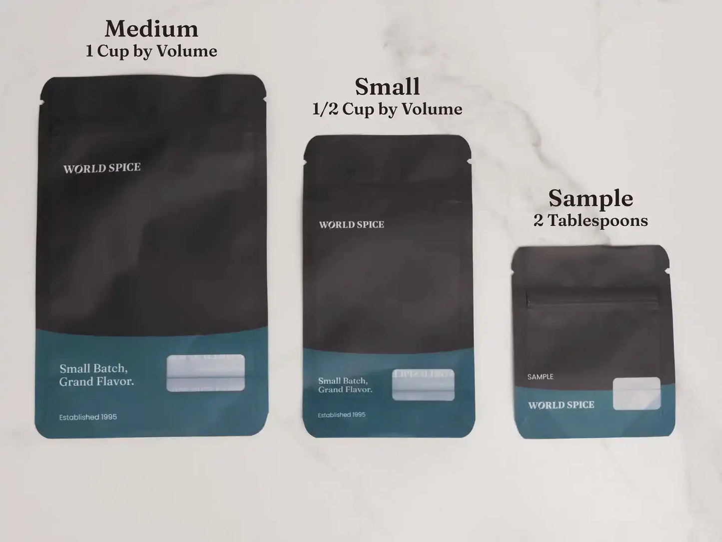 World Spice sample, small, and medium pouches for Middle Eastern herbs and spices, 1995 established