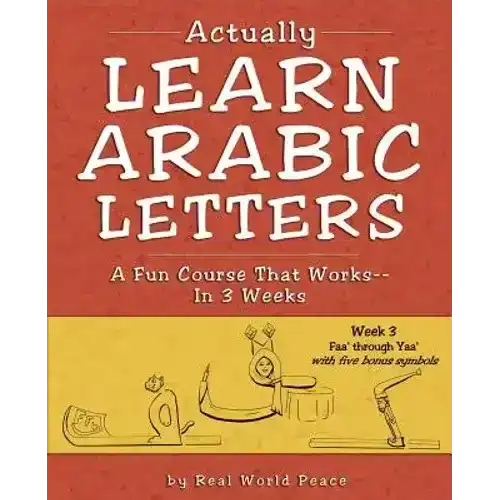Book cover titled Actually Learn Arabic Letters with illustrated Arabic letters and yellow-red design
