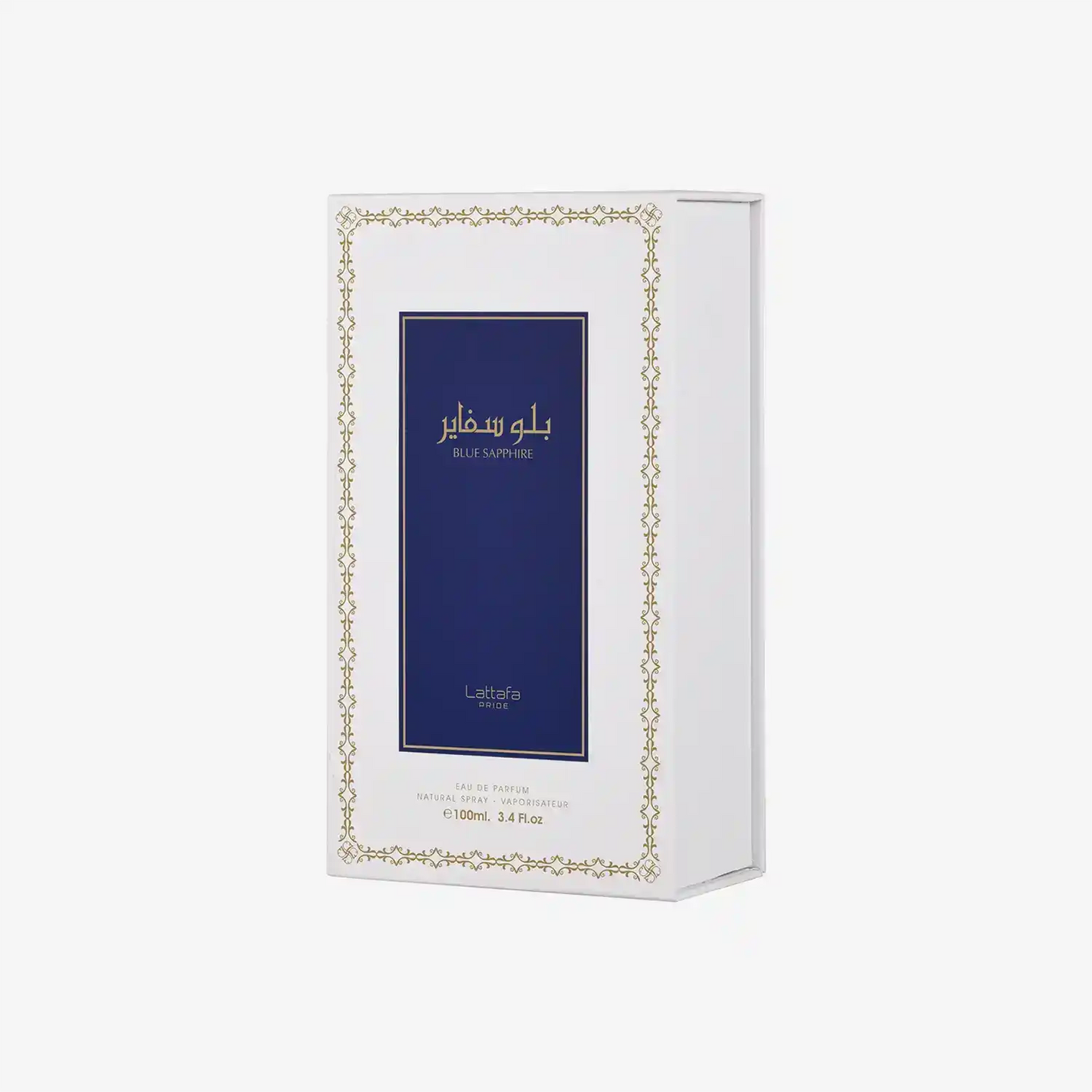 Lattafa Blue Sapphire perfume box, white with gold and blue Middle Eastern design, 100ml