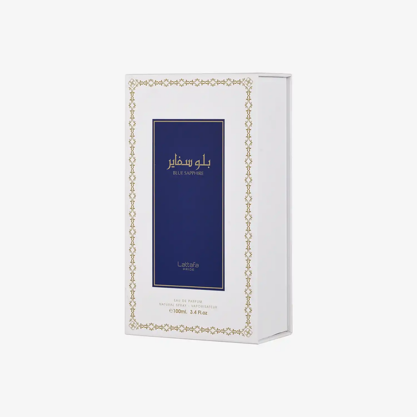 Lattafa Blue Sapphire perfume box, white with gold and blue Middle Eastern design, 100ml