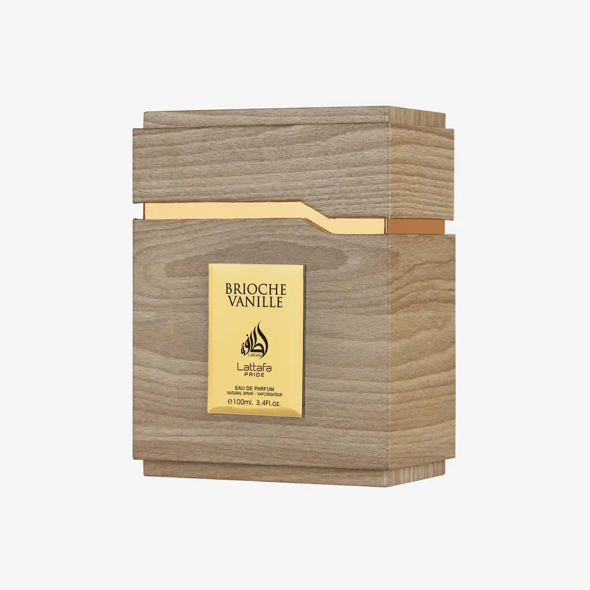 Lattafa Pride Brioche Vanille perfume in a wood-textured bottle with gold label, 100ml