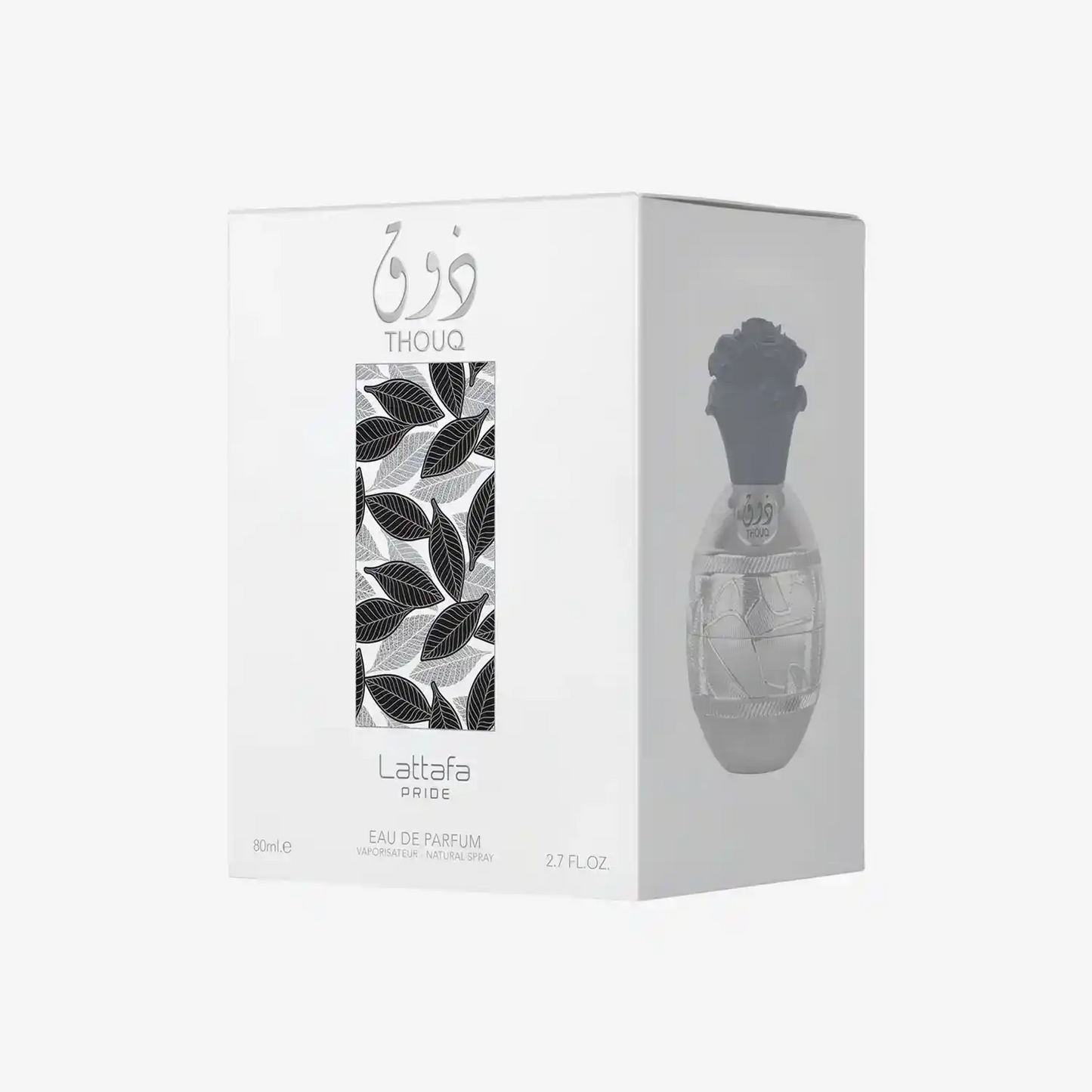 Lattafa Pride Thouq Eau de Parfum box with black leaf pattern and ornate perfume bottle