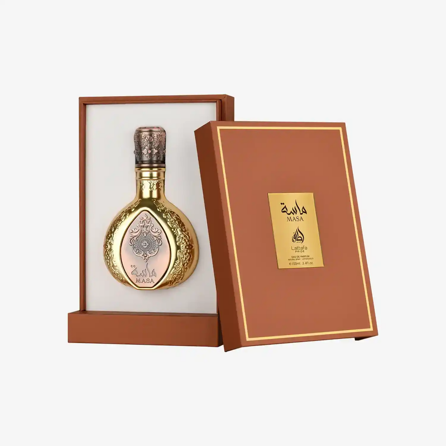 Elegant Middle Eastern perfume bottle with intricate gold design in a brown gift box