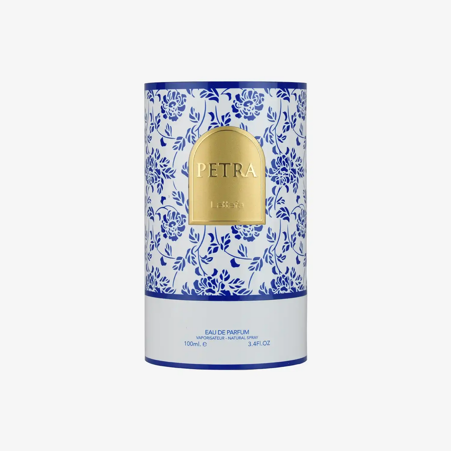 Petra eau de parfum decorative box with blue floral pattern and gold label, 100ml