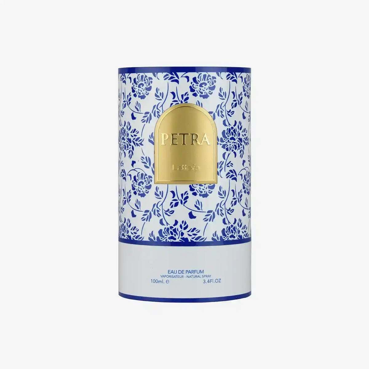 Petra eau de parfum decorative box with blue floral pattern and gold label, 100ml
