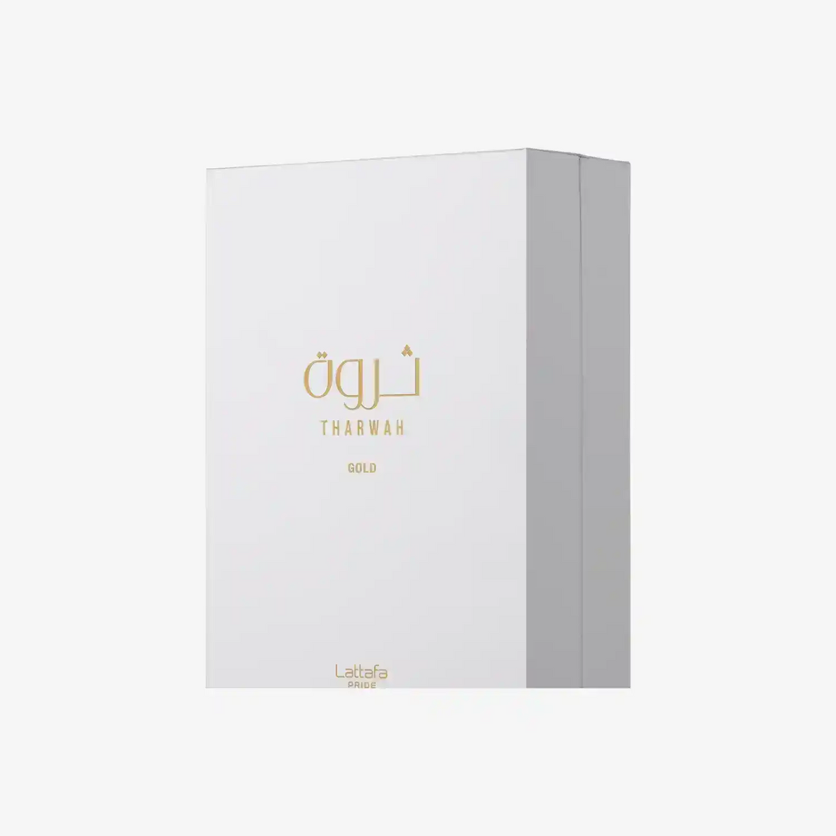 White Lattafa Tharwah Gold perfume box with gold Arabic and English text