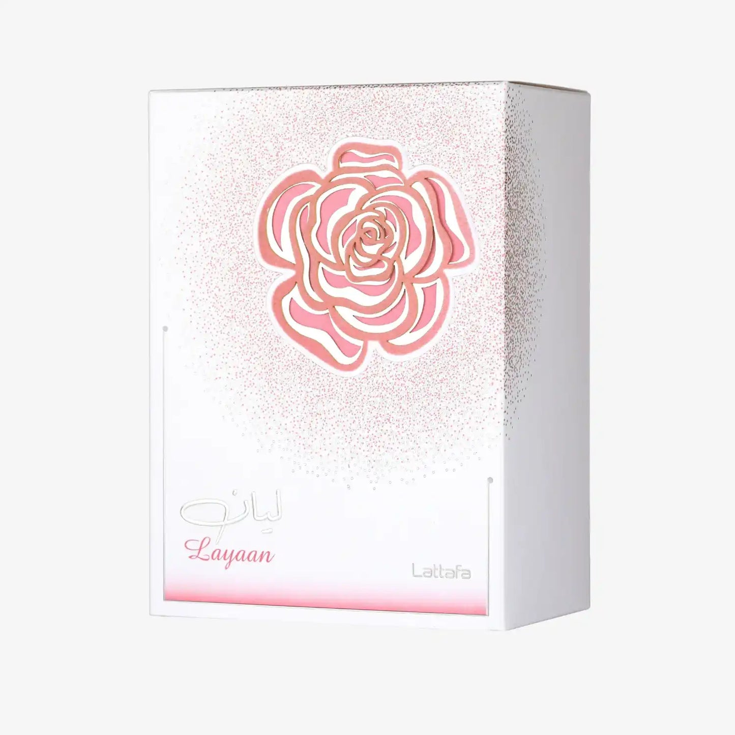 Layaan Lattafa perfume box with pink rose design and Arabic script on white background
