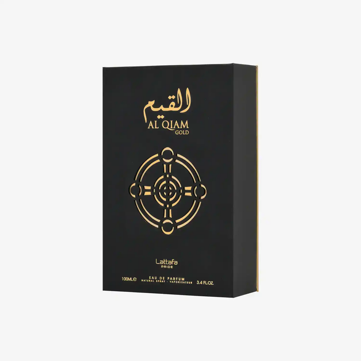 Al Qiam Gold perfume box, black with gold Arabic script and geometric design