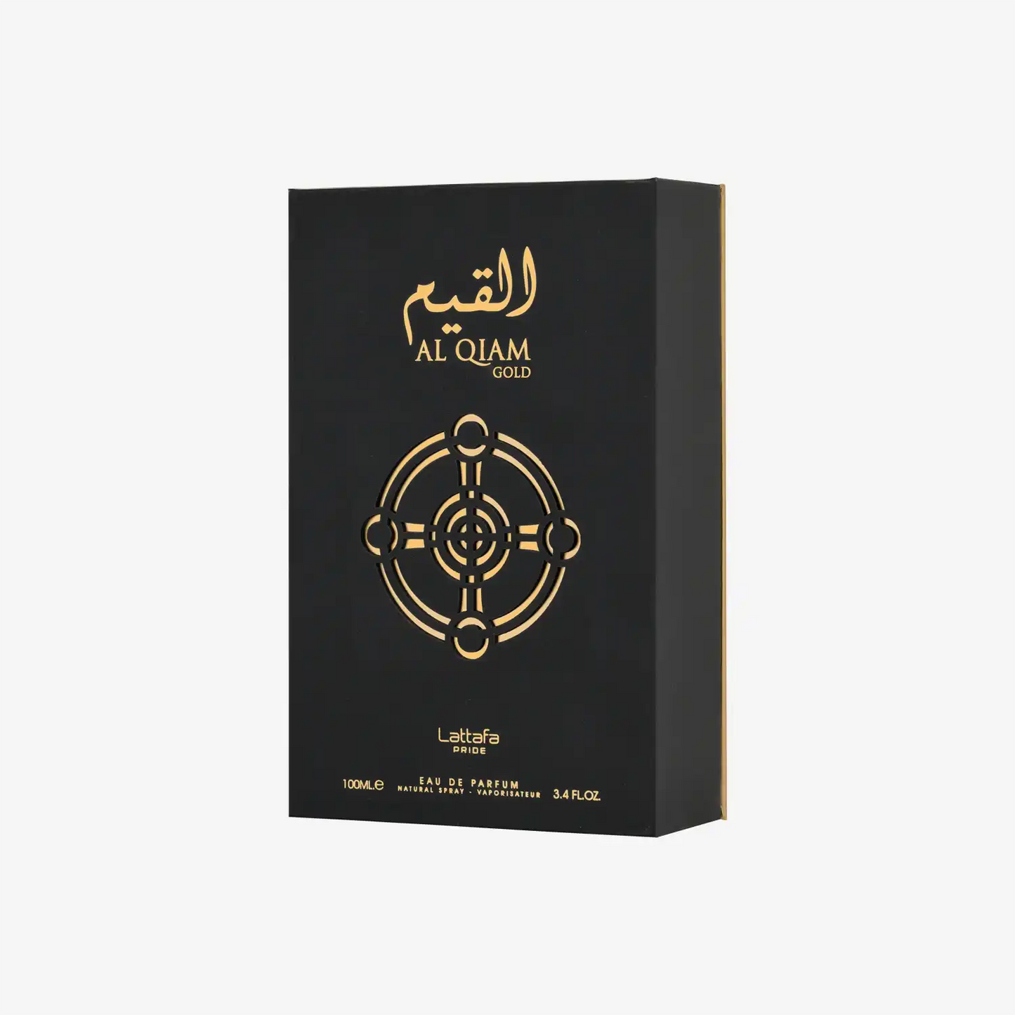 Al Qiam Gold perfume box, black with gold Arabic script and geometric design
