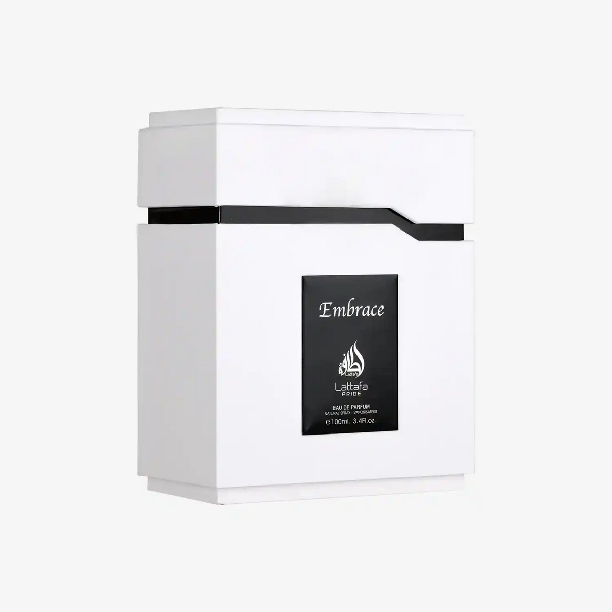 Lattafa Embrace Eau de Parfum in a modern white and black rectangular bottle, 100ml