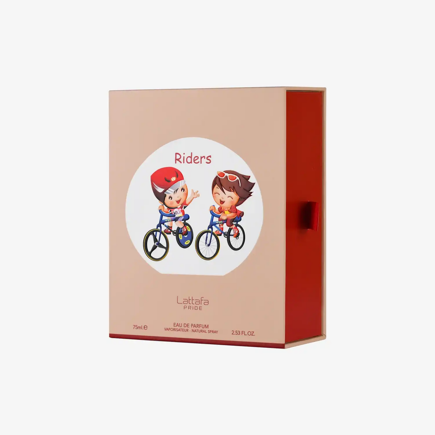 Children's perfume box with cartoon kids riding bikes, labeled 'Riders' Lattafa Pride.