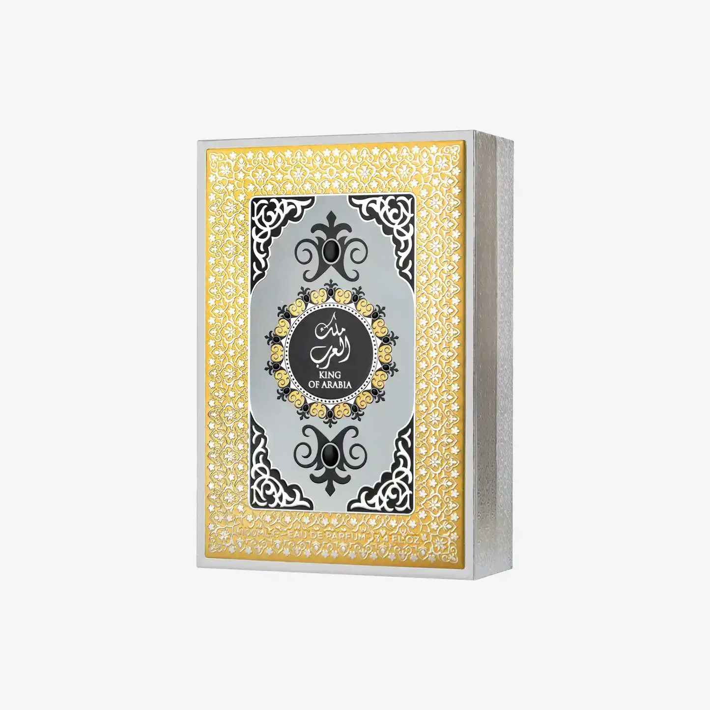 Middle Eastern perfume box with ornate gold and black design, labeled King of Arabia