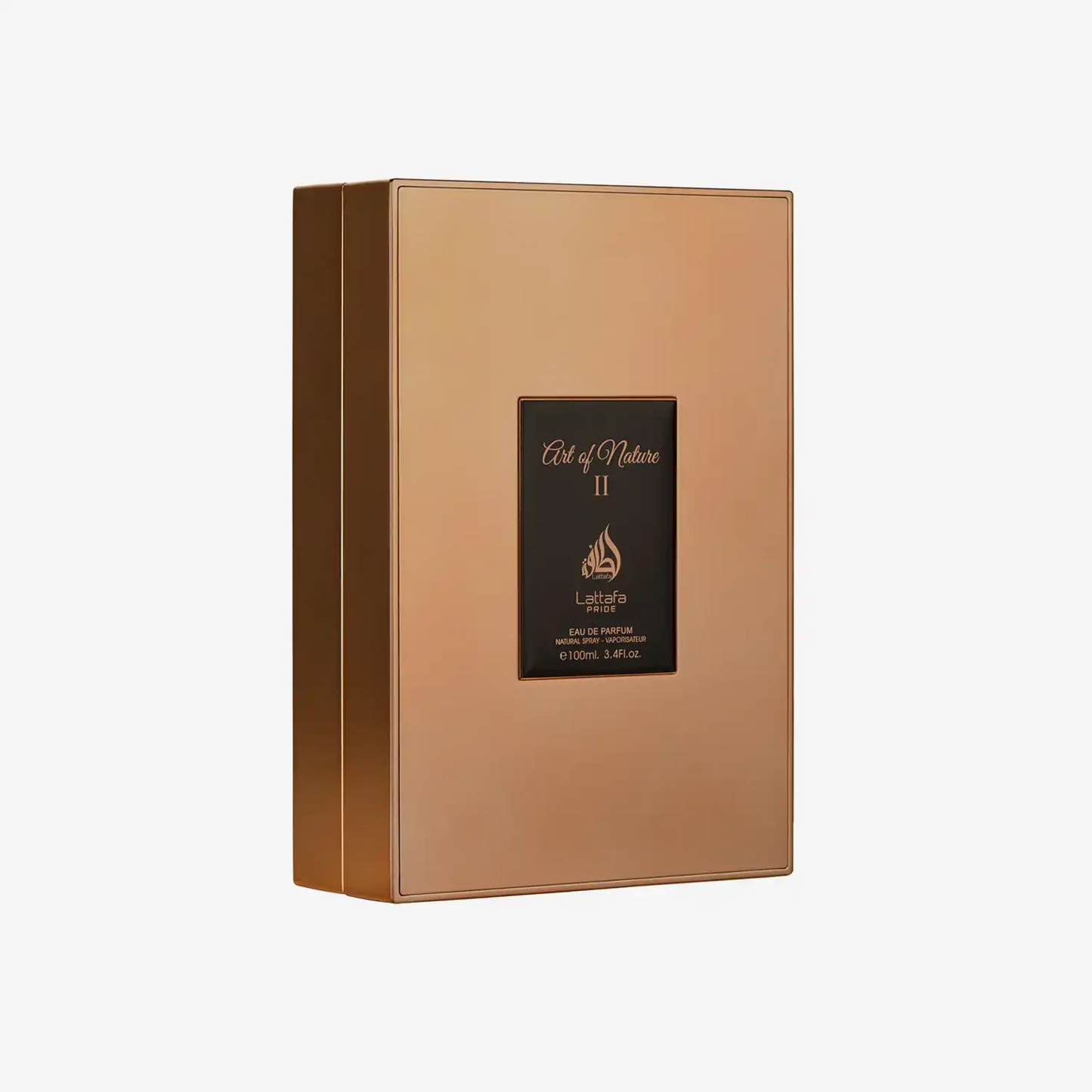 Gold Lattafa Art of Nature II perfume box with black label, luxury Middle Eastern fragrance