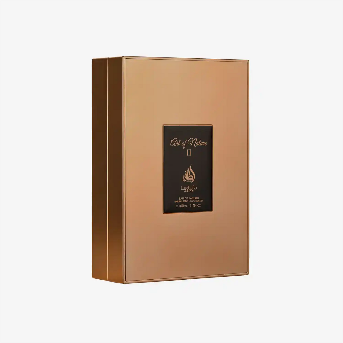 Gold Lattafa Art of Nature II perfume box with black label, luxury Middle Eastern fragrance