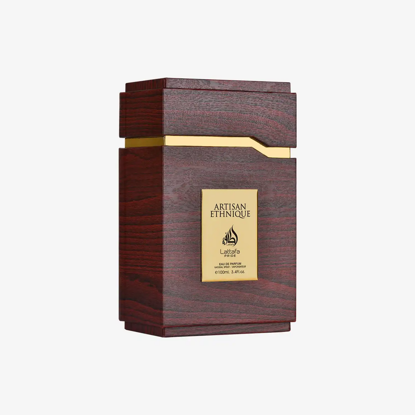 Artisan Ethnique Lattafa perfume bottle with woodgrain texture and gold label