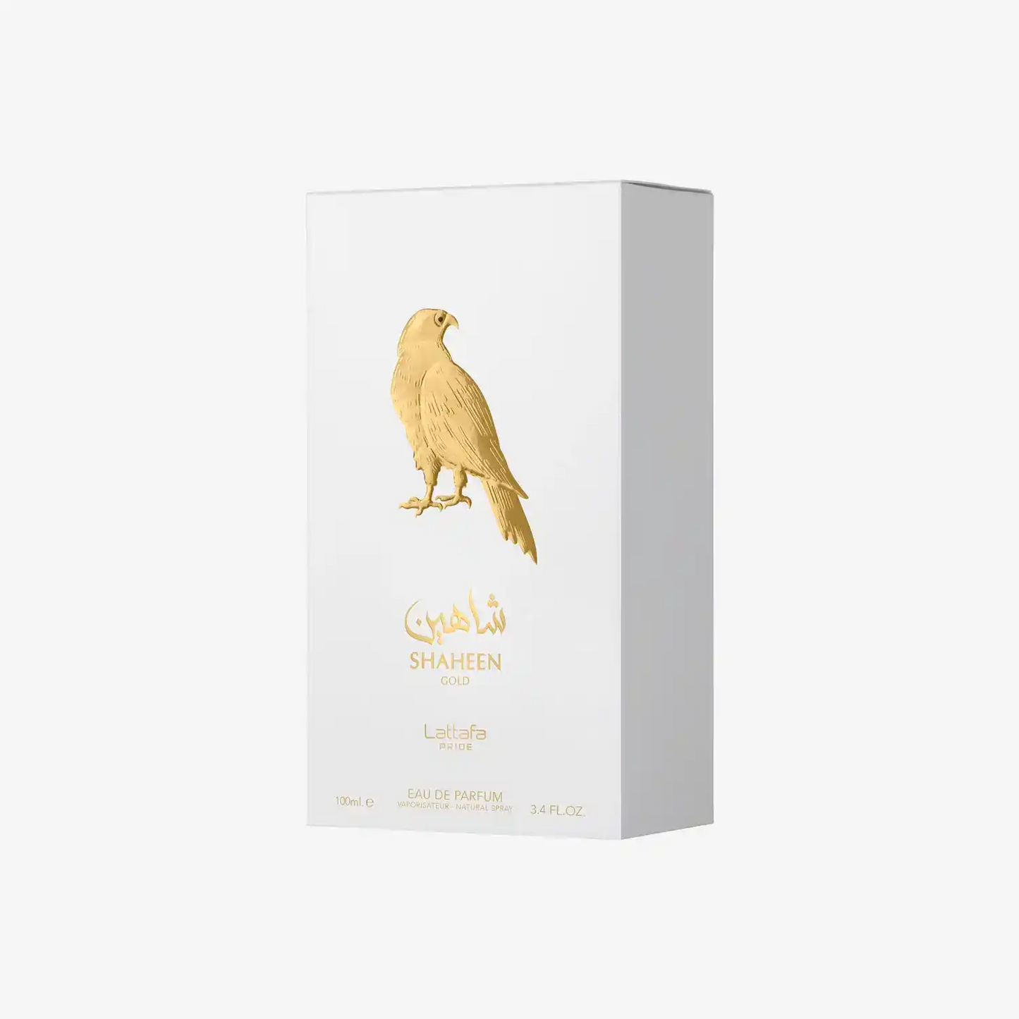 Shaheen Gold Eau de Parfum box with gold falcon design and Arabic script