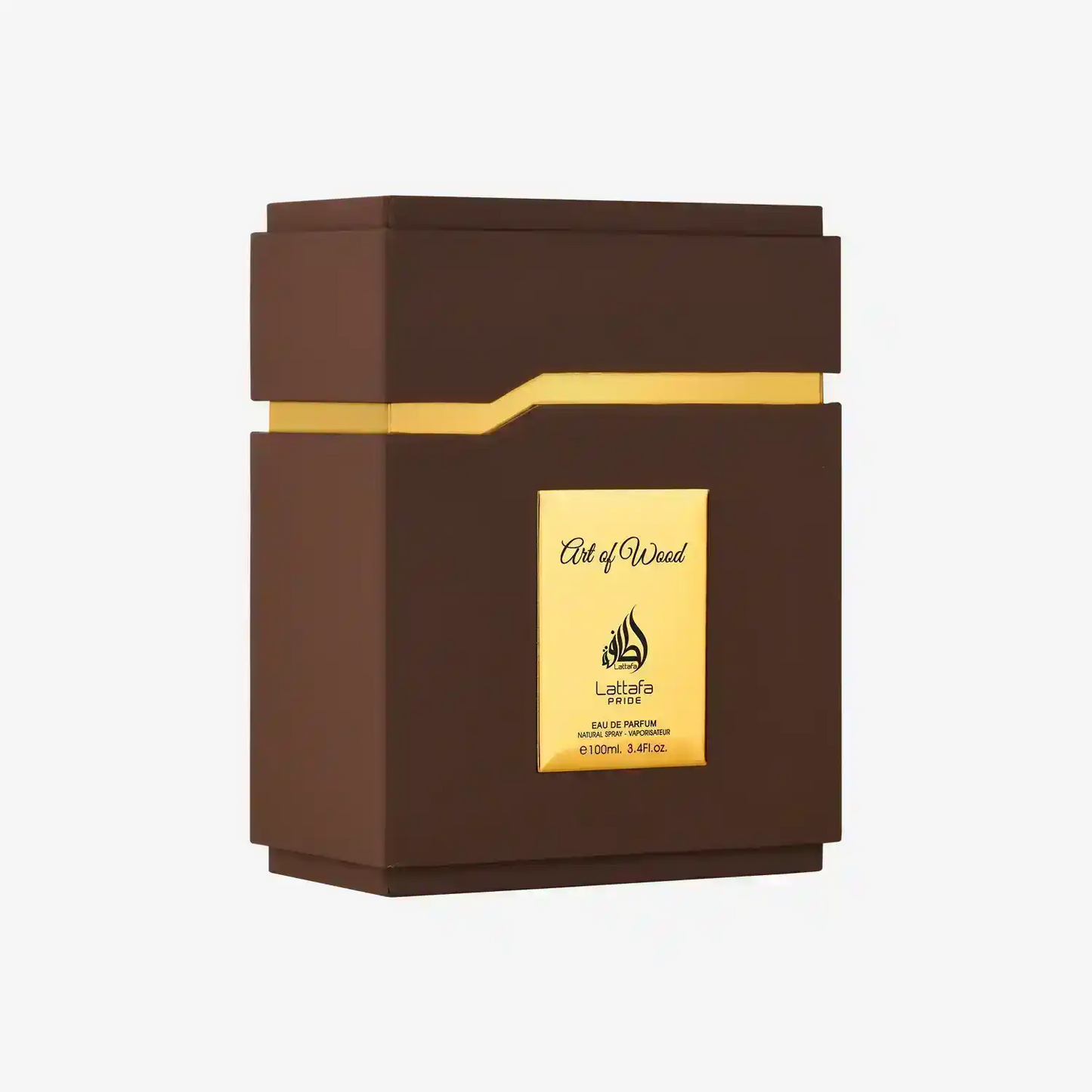 Brown and gold Lattafa Art of Wood Middle Eastern eau de parfum bottle, 100ml