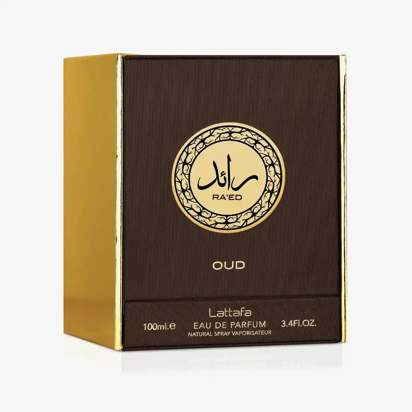 Lattafa Ra'ed Oud Eau de Parfum box, brown and gold packaging, Middle Eastern fragrance