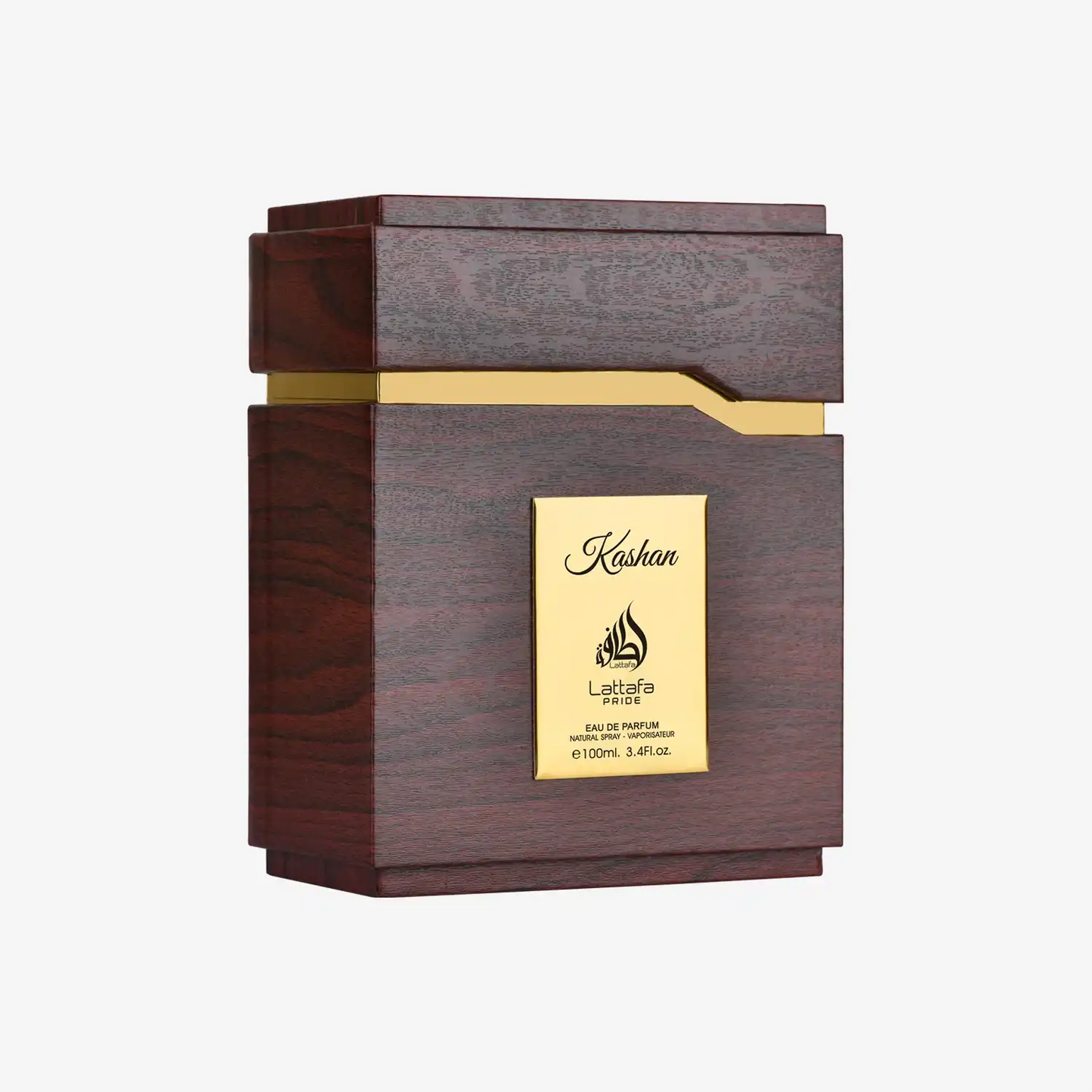 Wooden Kashan Lattafa Pride perfume bottle with gold accents and label, 100ml