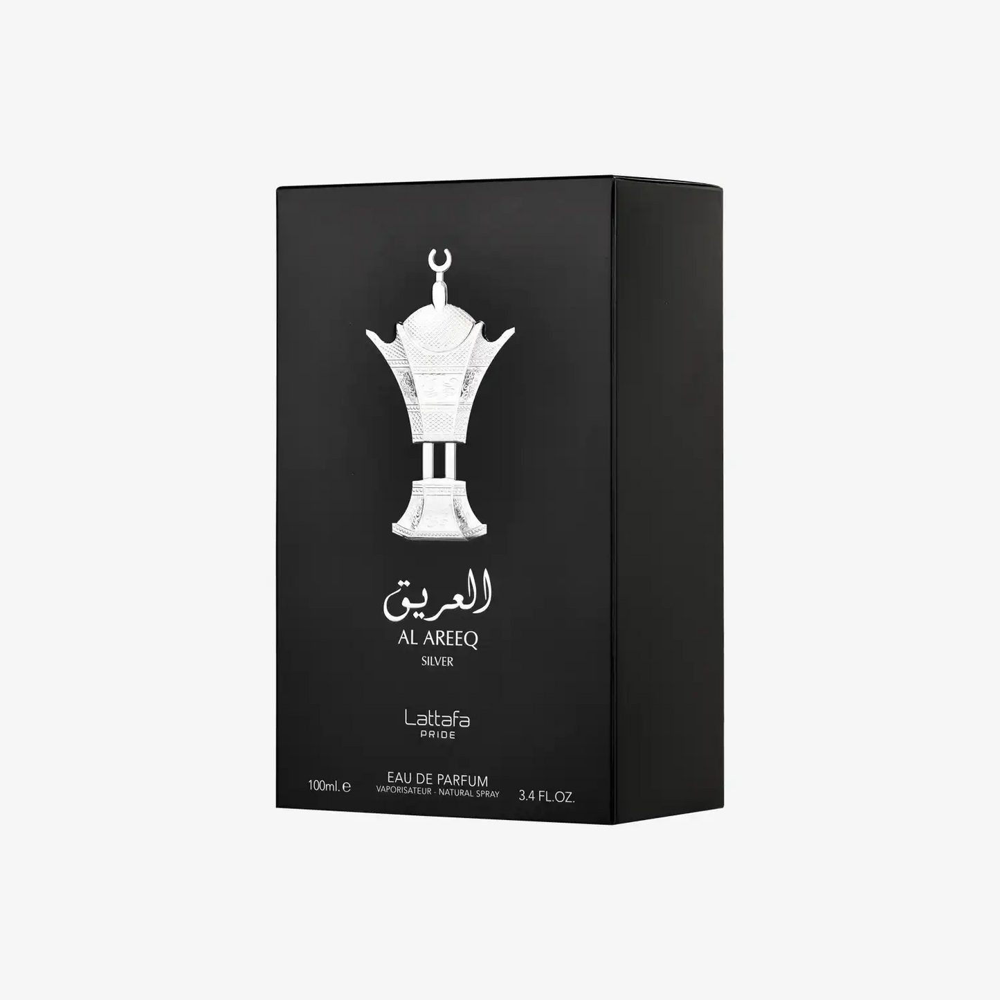 Lattafa Pride Al Areeq Silver perfume box, black packaging with Arabic coffee pot design
