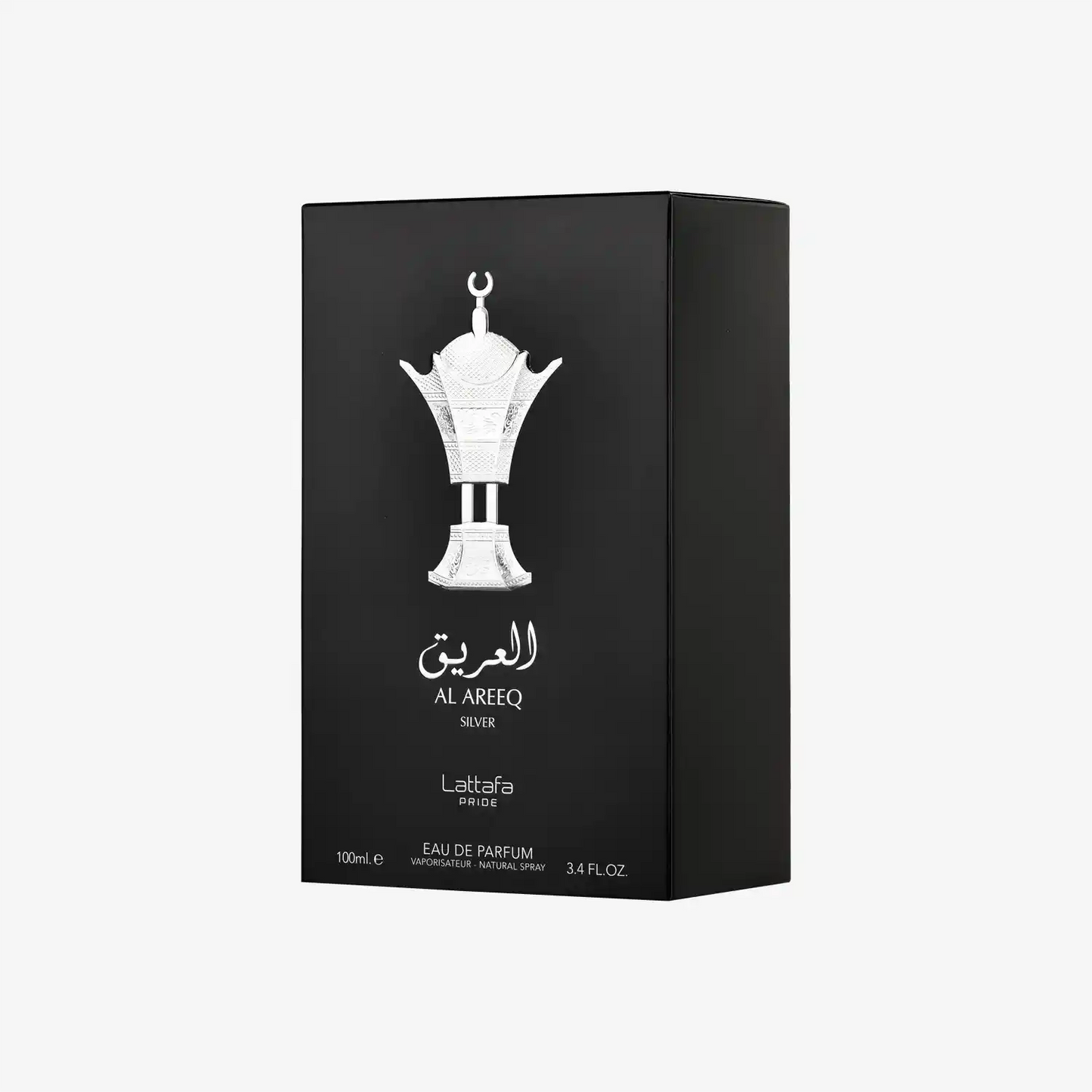 Lattafa Pride Al Areeq Silver perfume box, black packaging with Arabic coffee pot design