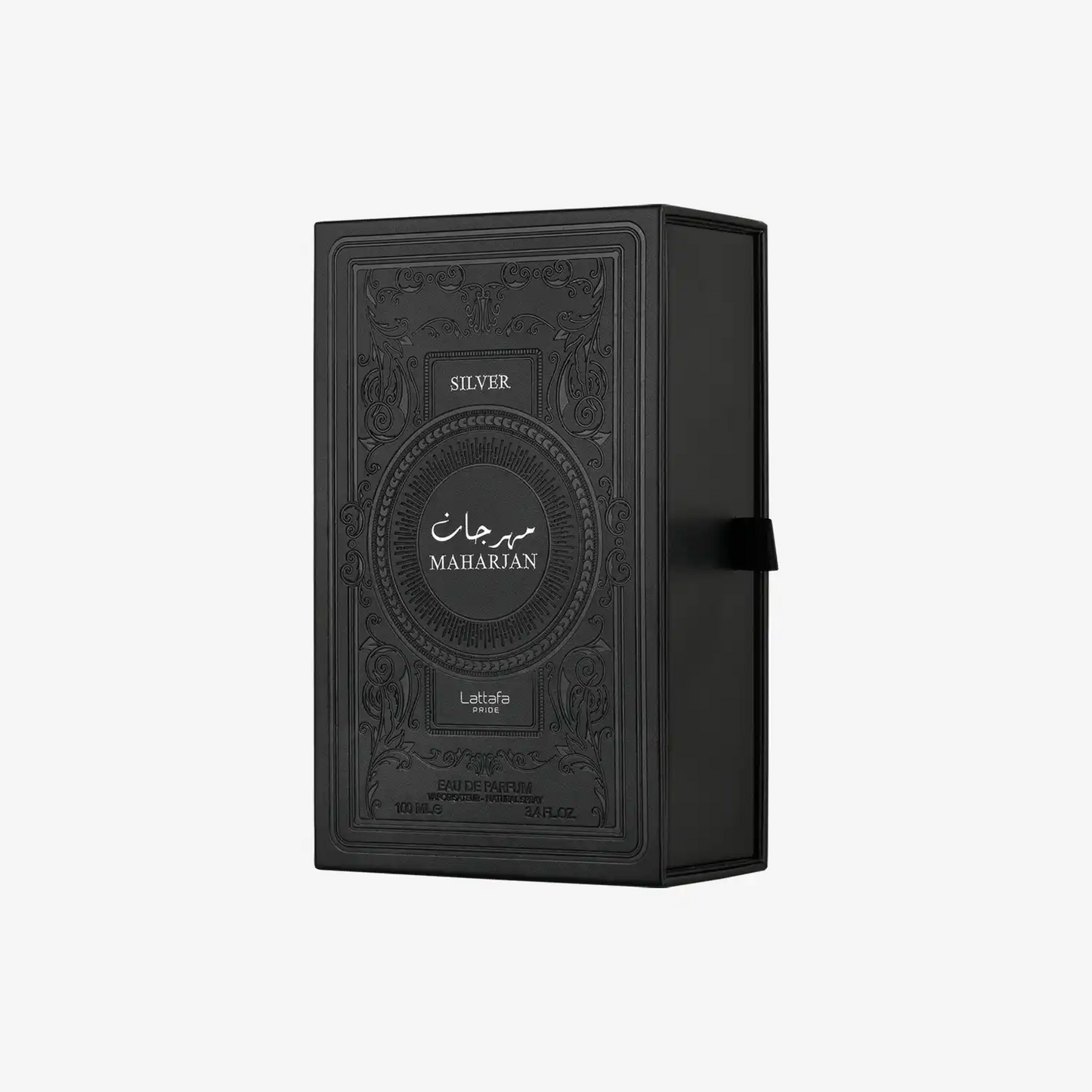Lattafa Maharjan Silver Eau de Parfum ornate black box with Arabic design