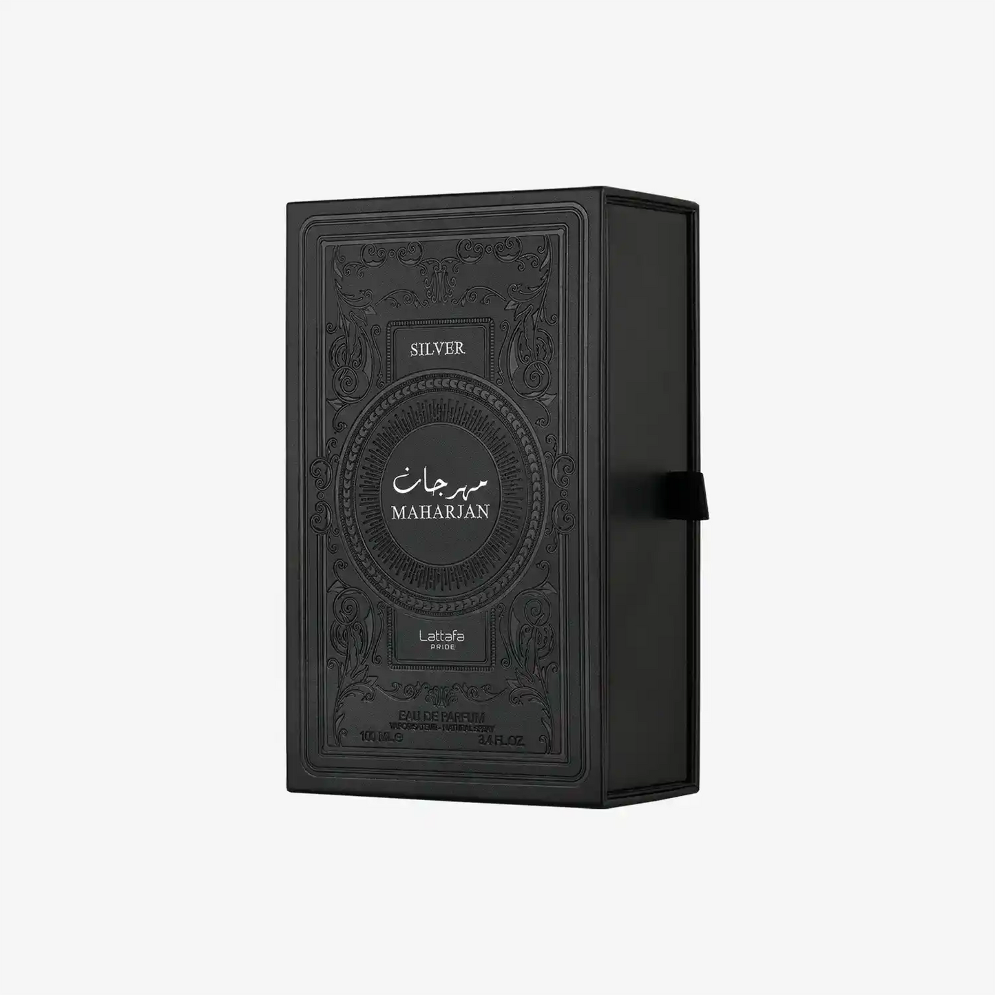 Lattafa Maharjan Silver Eau de Parfum ornate black box with Arabic design