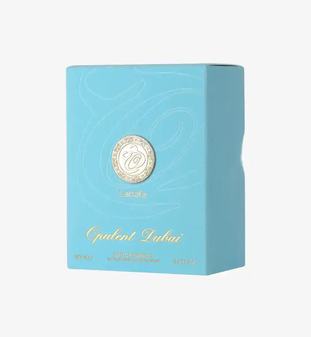 Lattafa Opulent Dubai Eau de Parfum blue and gold box, Middle Eastern fragrance packaging