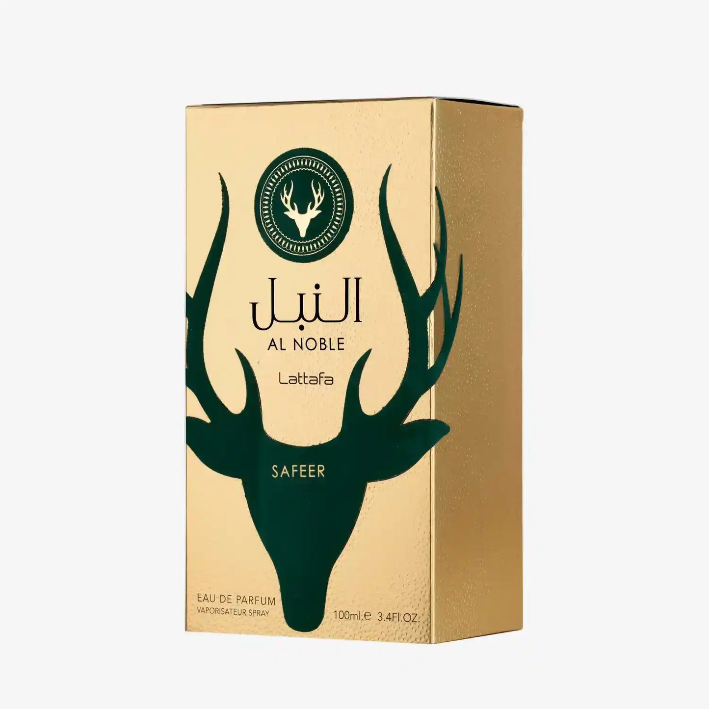 Lattafa Al Noble Safeer perfume box with dark green deer antlers on gold packaging