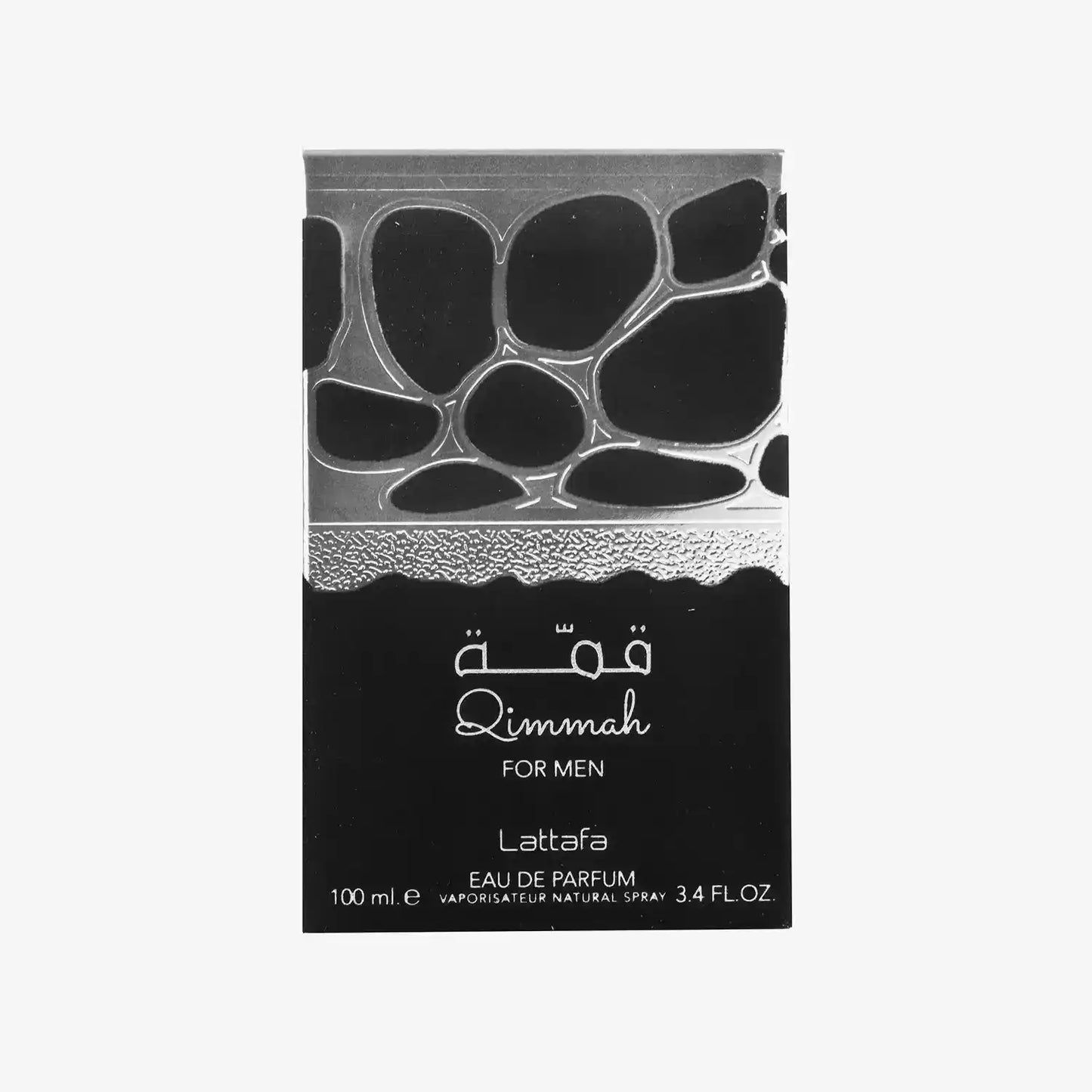Lattafa Qimmah for Men Eau de Parfum 100ml black and silver perfume box with Arabic design